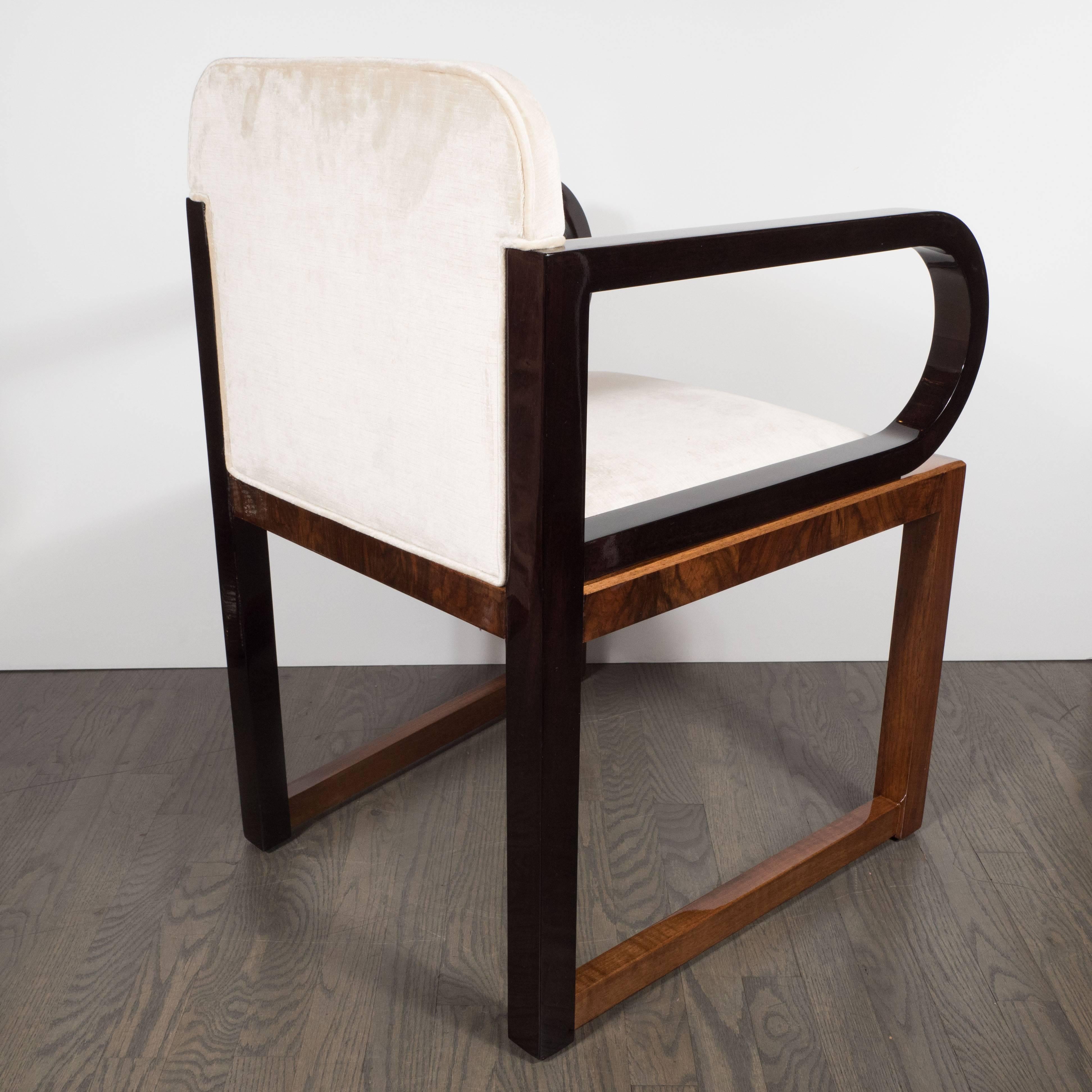 Streamlined Art Deco Polished Walnut Occasional Chair with Ebonized Walnut Arms In Excellent Condition In New York, NY