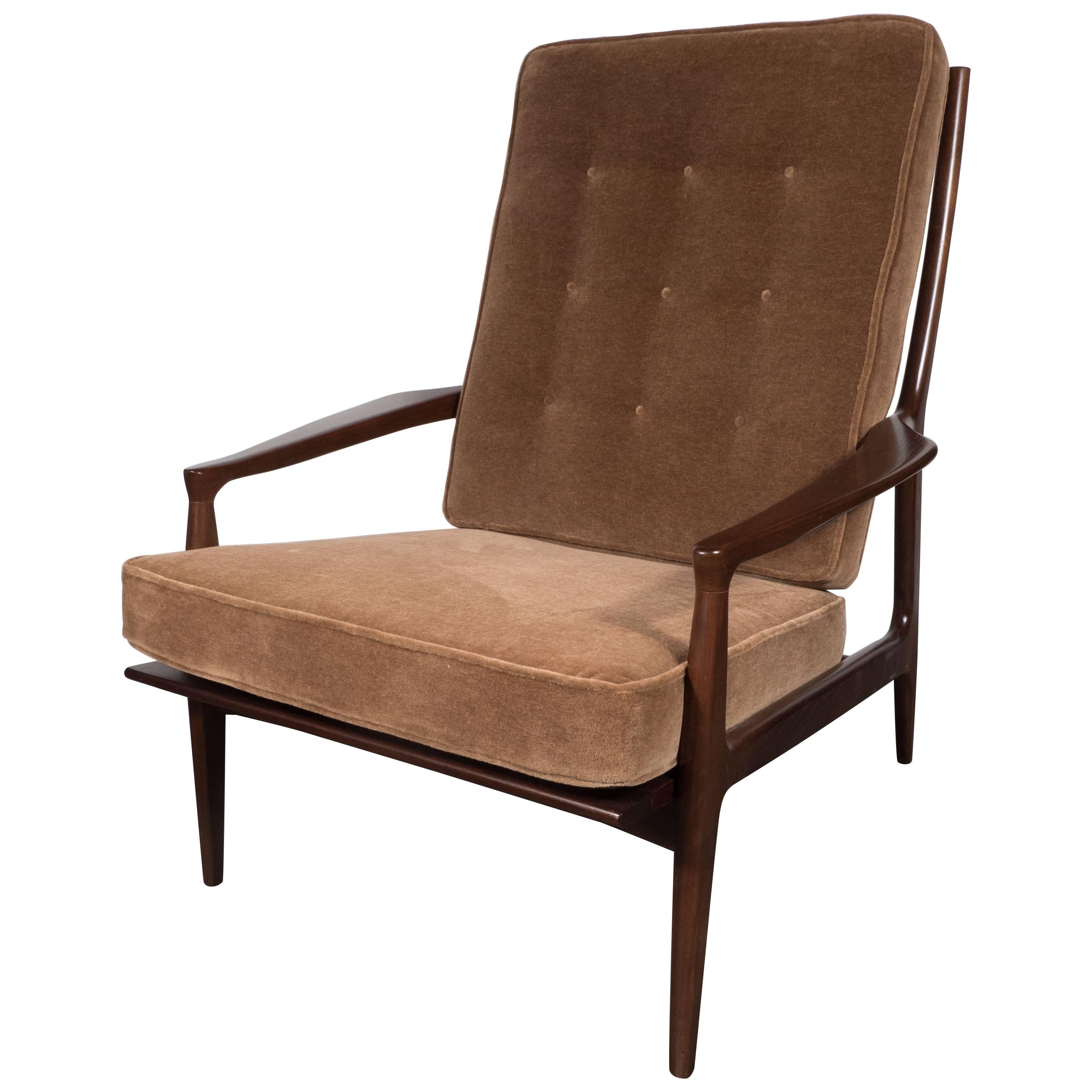 Mid-Century Modern Hand Rubbed Walnut Armchair in Brown Mohair by Milo Baughman