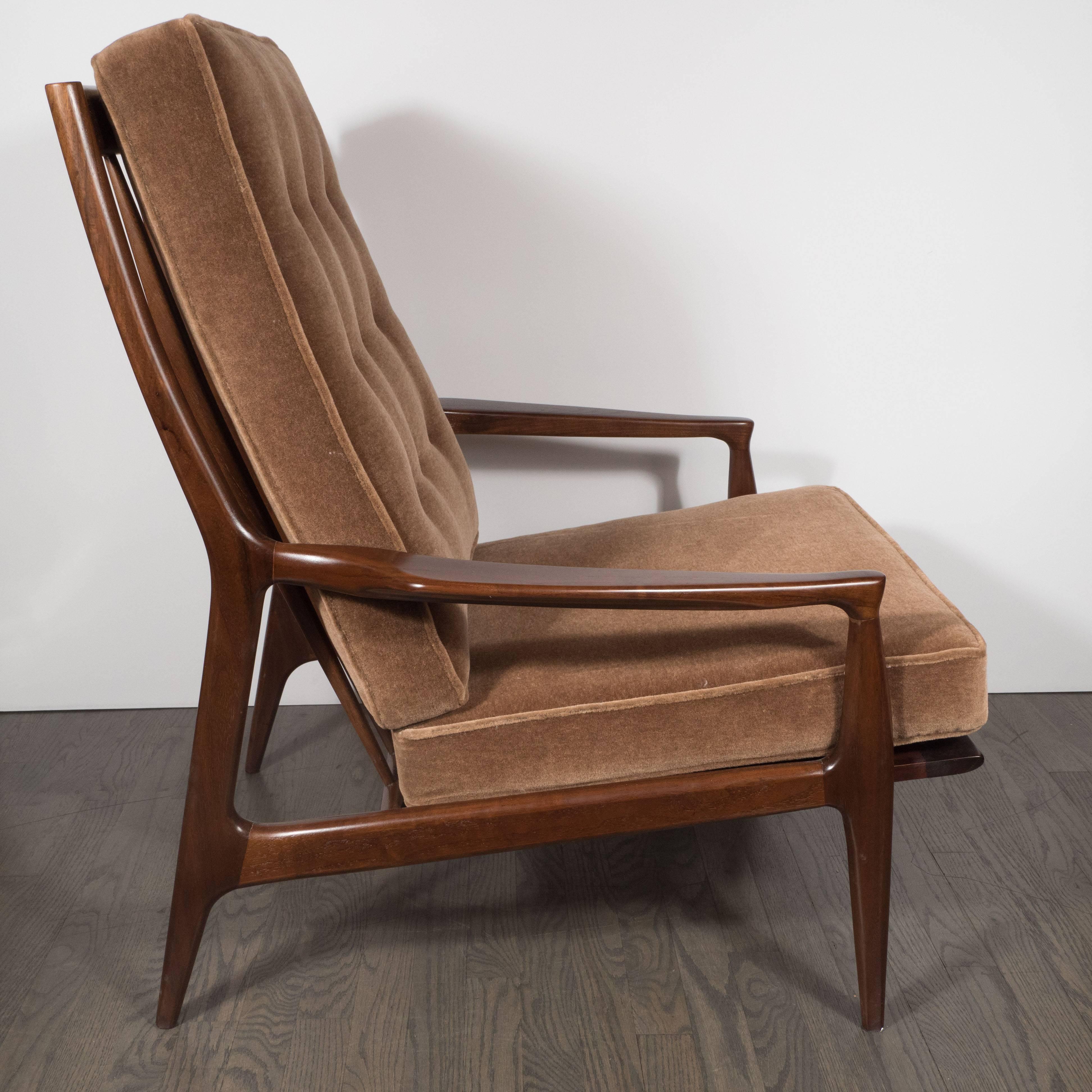 North American Mid-Century Modern Hand Rubbed Walnut Armchair in Brown Mohair by Milo Baughman