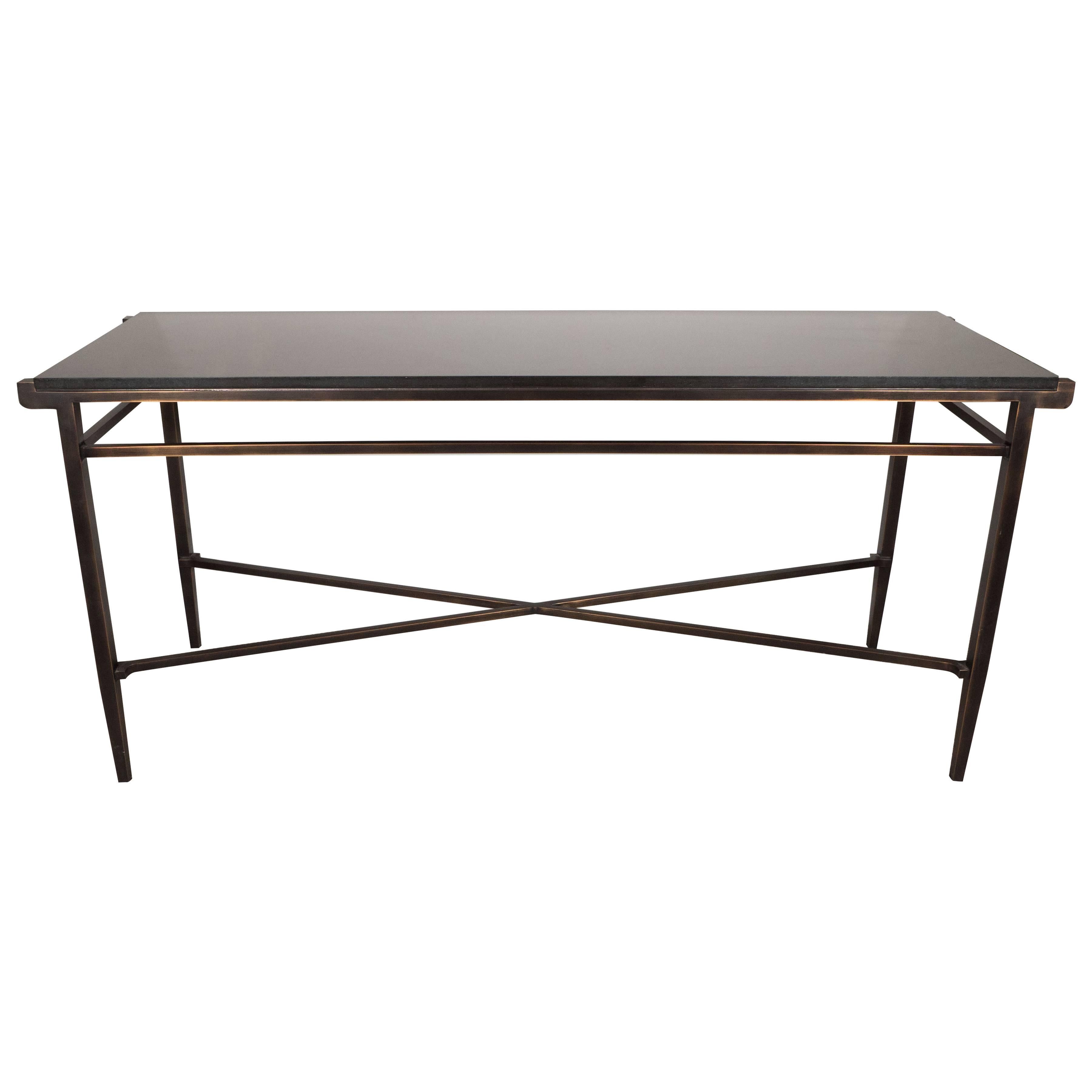 Modernist X-Form Hand Rubbed Bronze Console Table with Black Granite Top