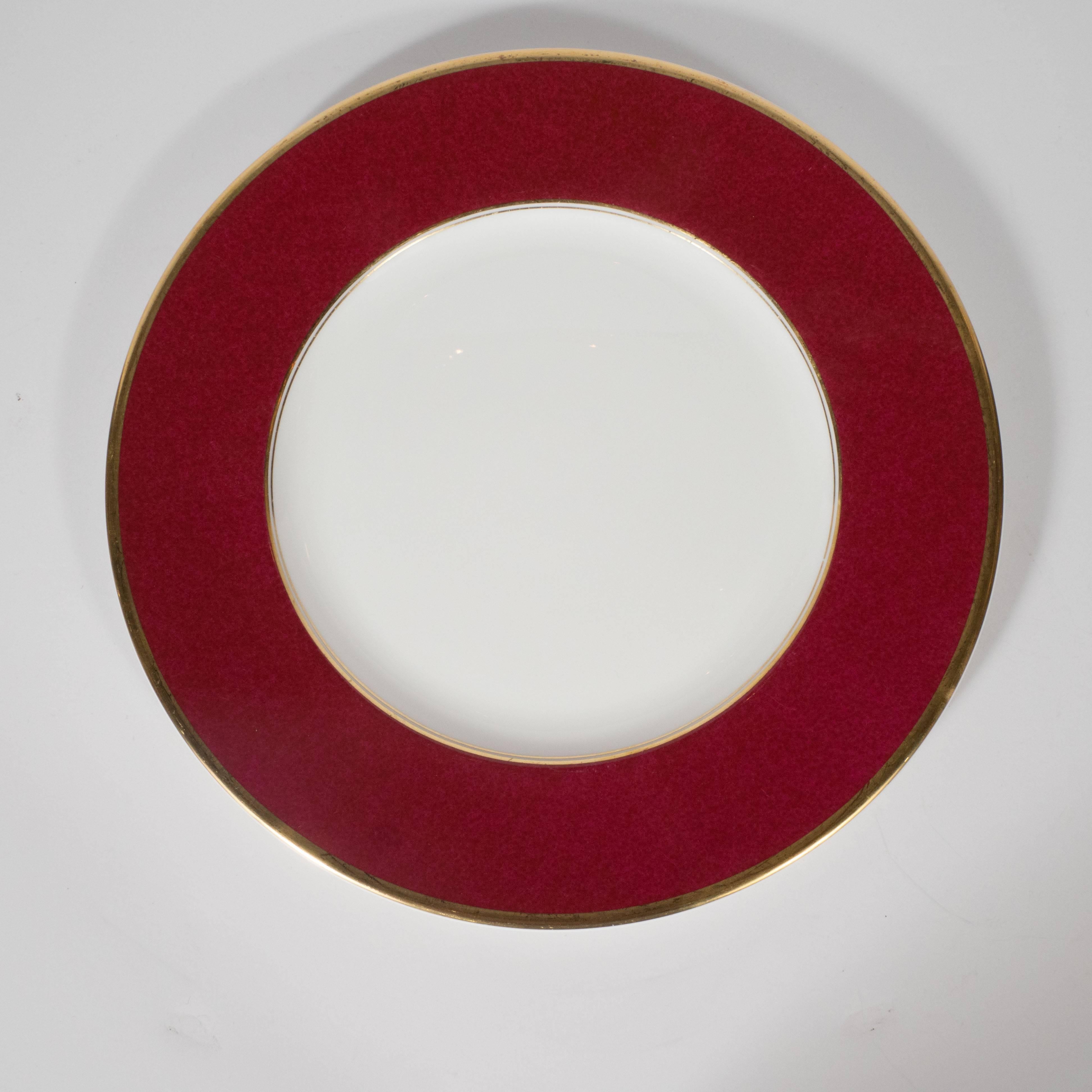 American Classical Set of 36 Dining Plates 24-Karat Gold and Ruby Hand-Painted Porcelain, Coalport