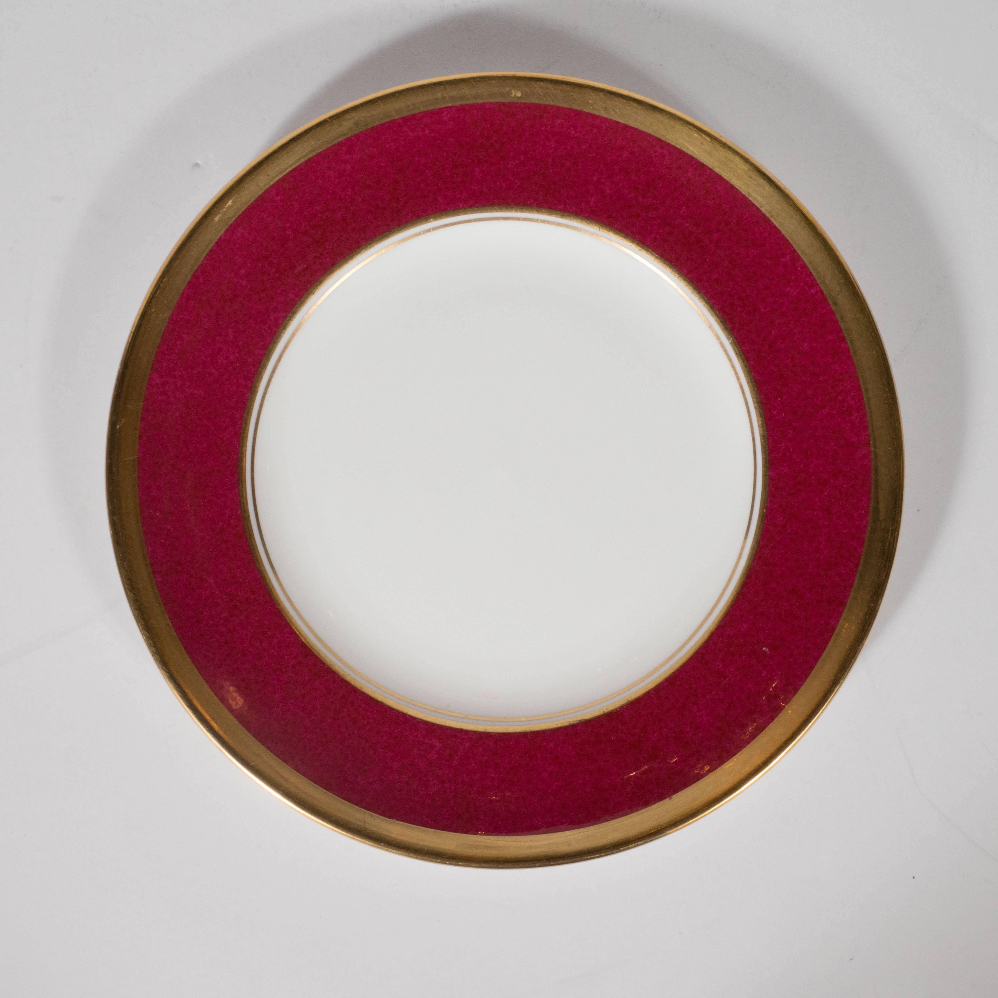 English Set of 36 Dining Plates 24-Karat Gold and Ruby Hand-Painted Porcelain, Coalport