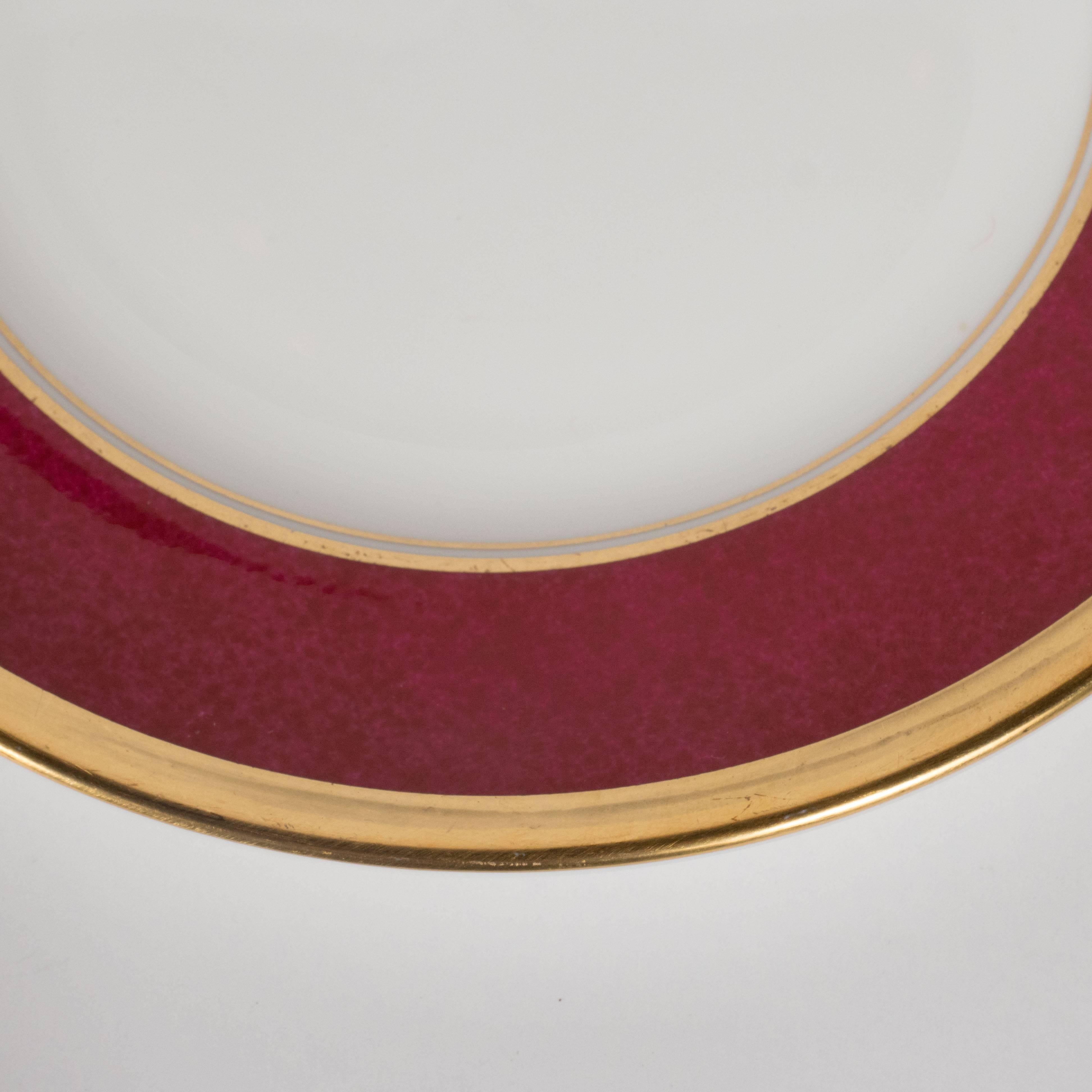 Mid-20th Century Set of 36 Dining Plates 24-Karat Gold and Ruby Hand-Painted Porcelain, Coalport
