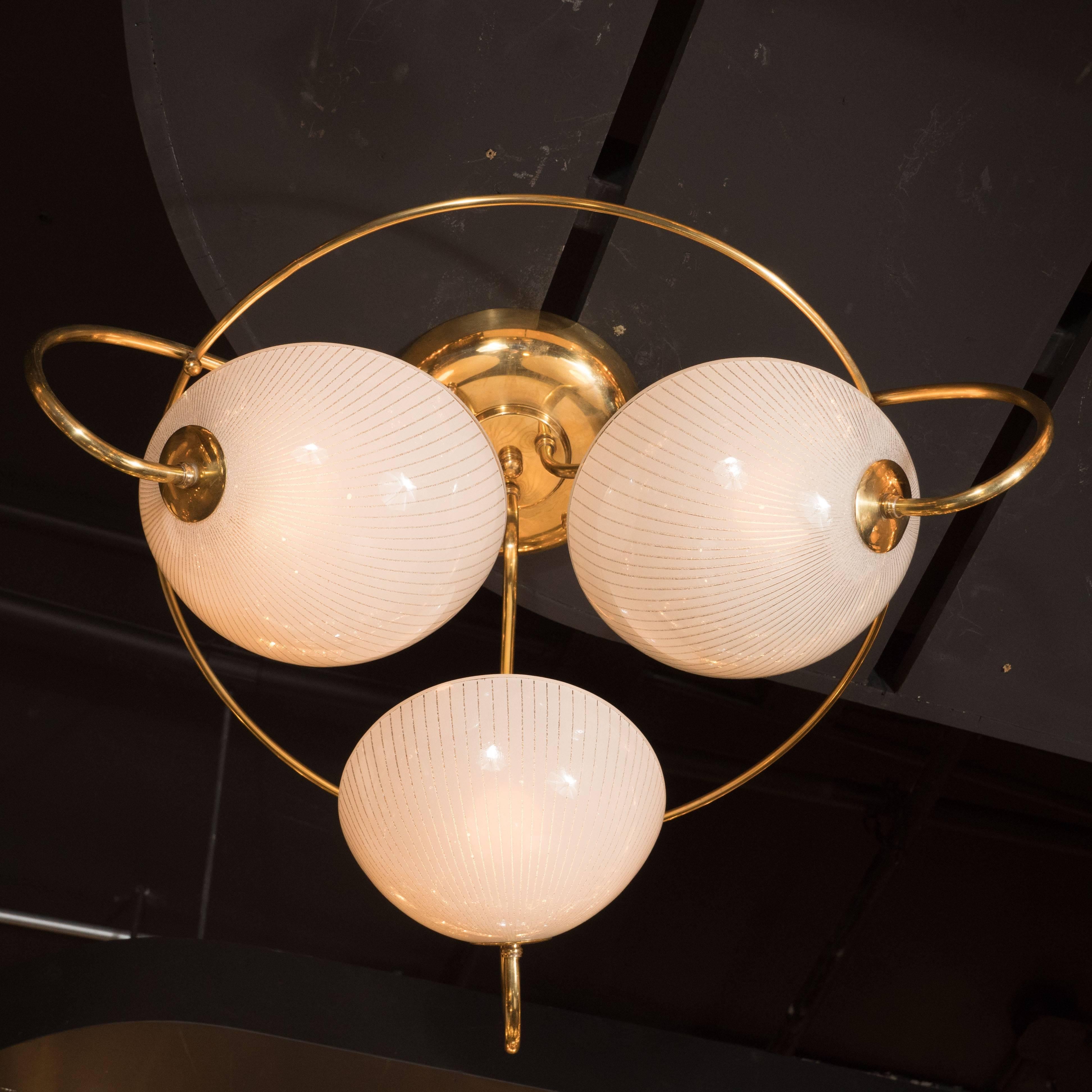 Mid-Century Modern Brass and Textured Glass Three-Arm Flush Mount Chandelier In Excellent Condition In New York, NY