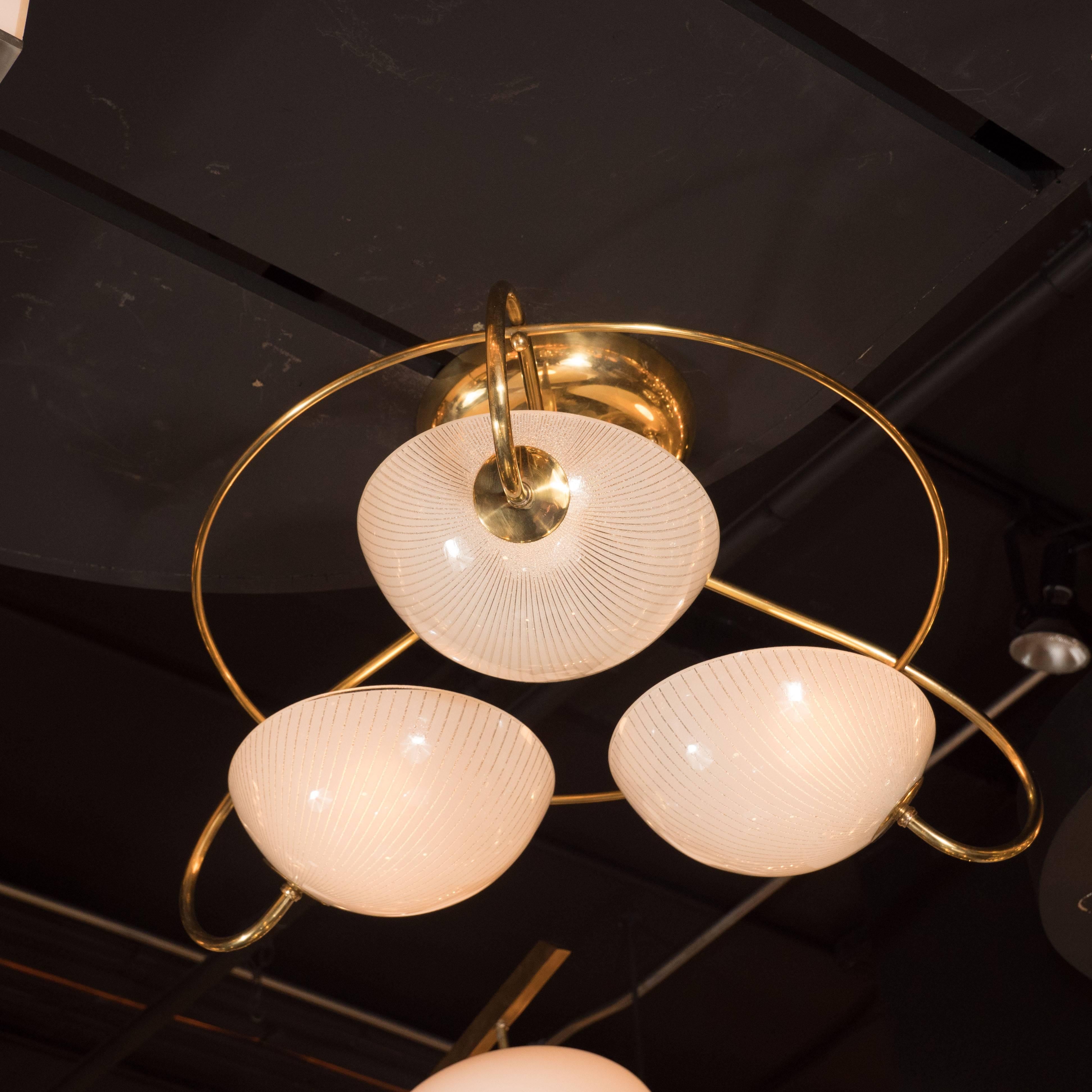 Mid-20th Century Mid-Century Modern Brass and Textured Glass Three-Arm Flush Mount Chandelier