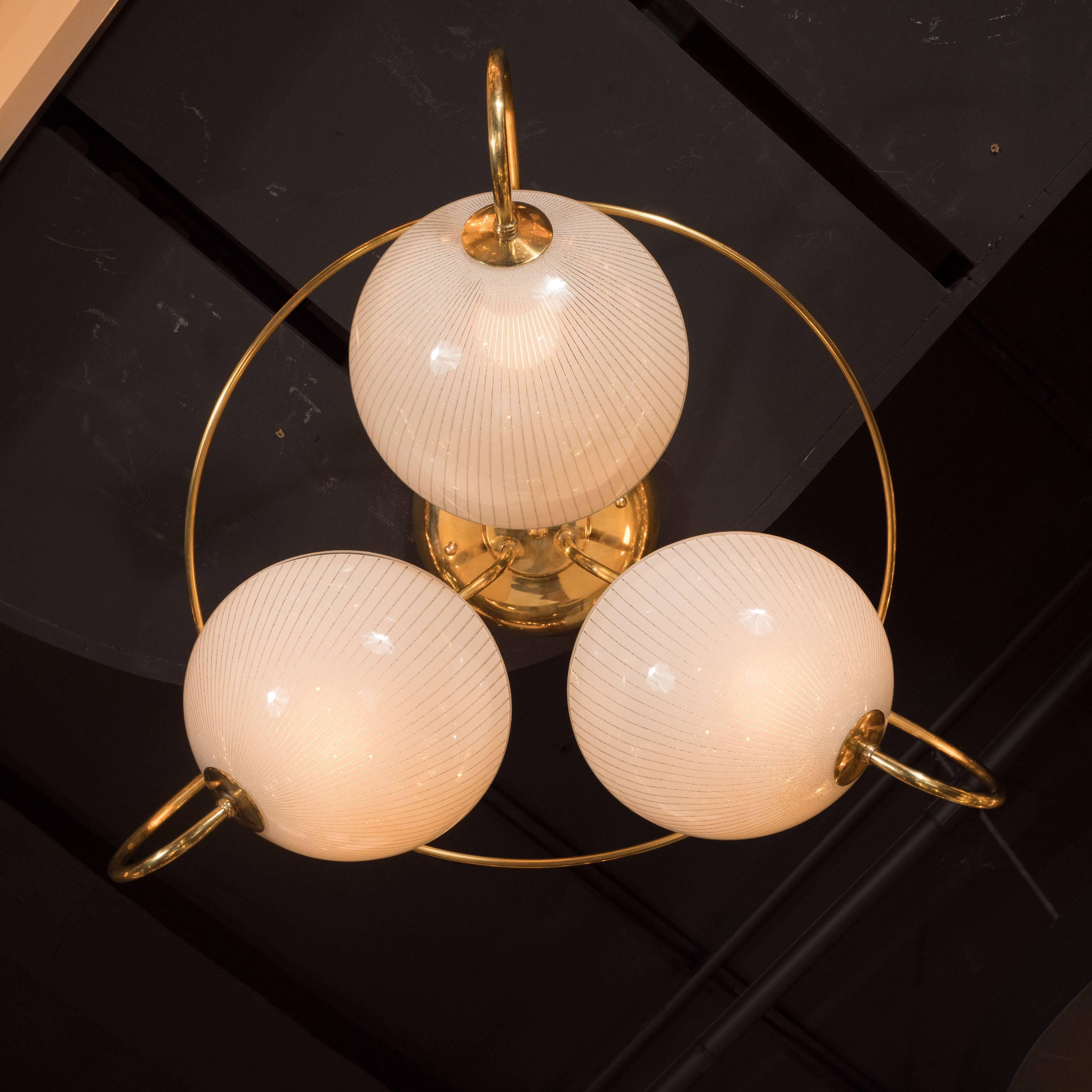 Mid-Century Modern Brass and Textured Glass Three-Arm Flush Mount Chandelier 1