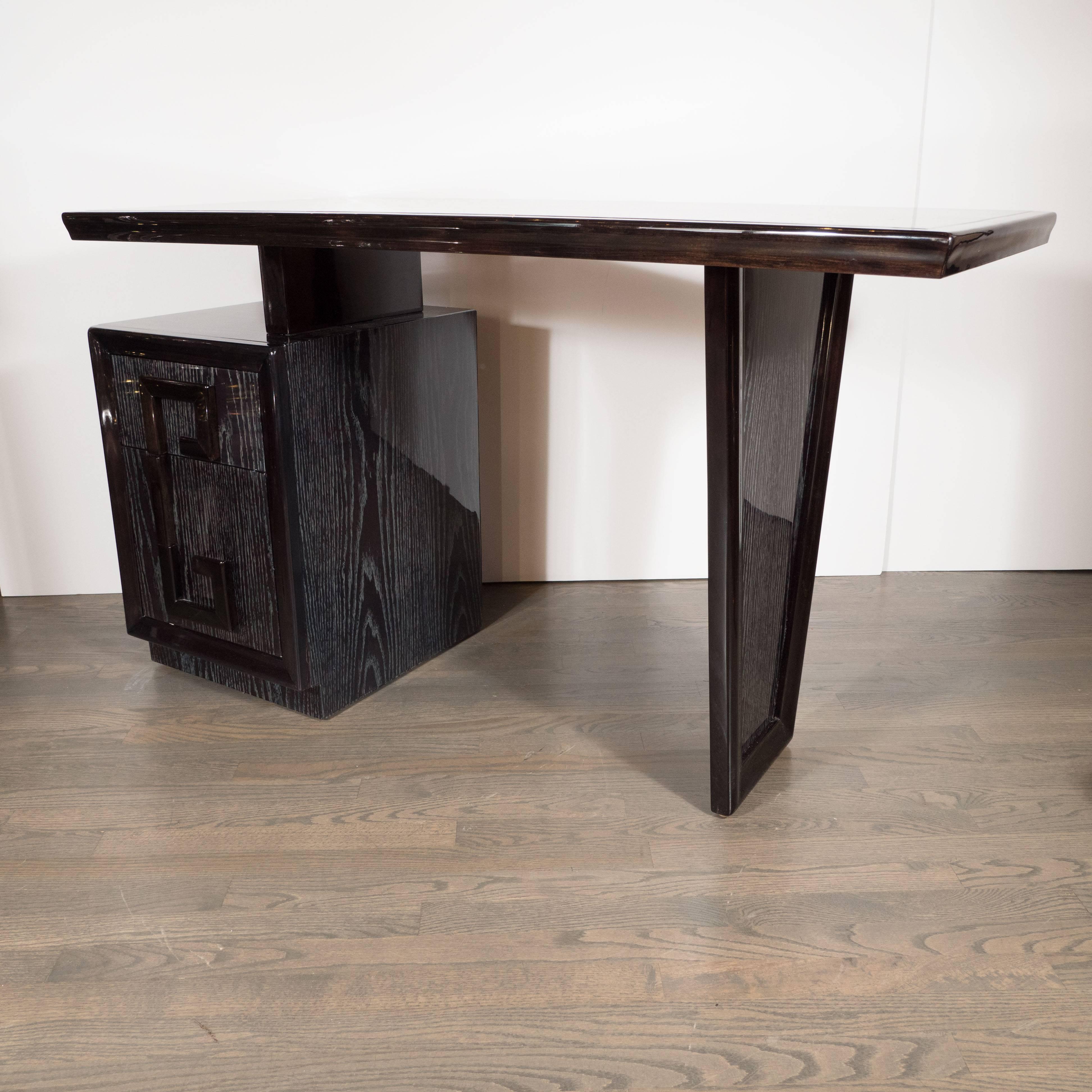 Mid-Century Modern Silver Cerused Oak Desk by Kittenger with Greek Key Motif In Excellent Condition In New York, NY