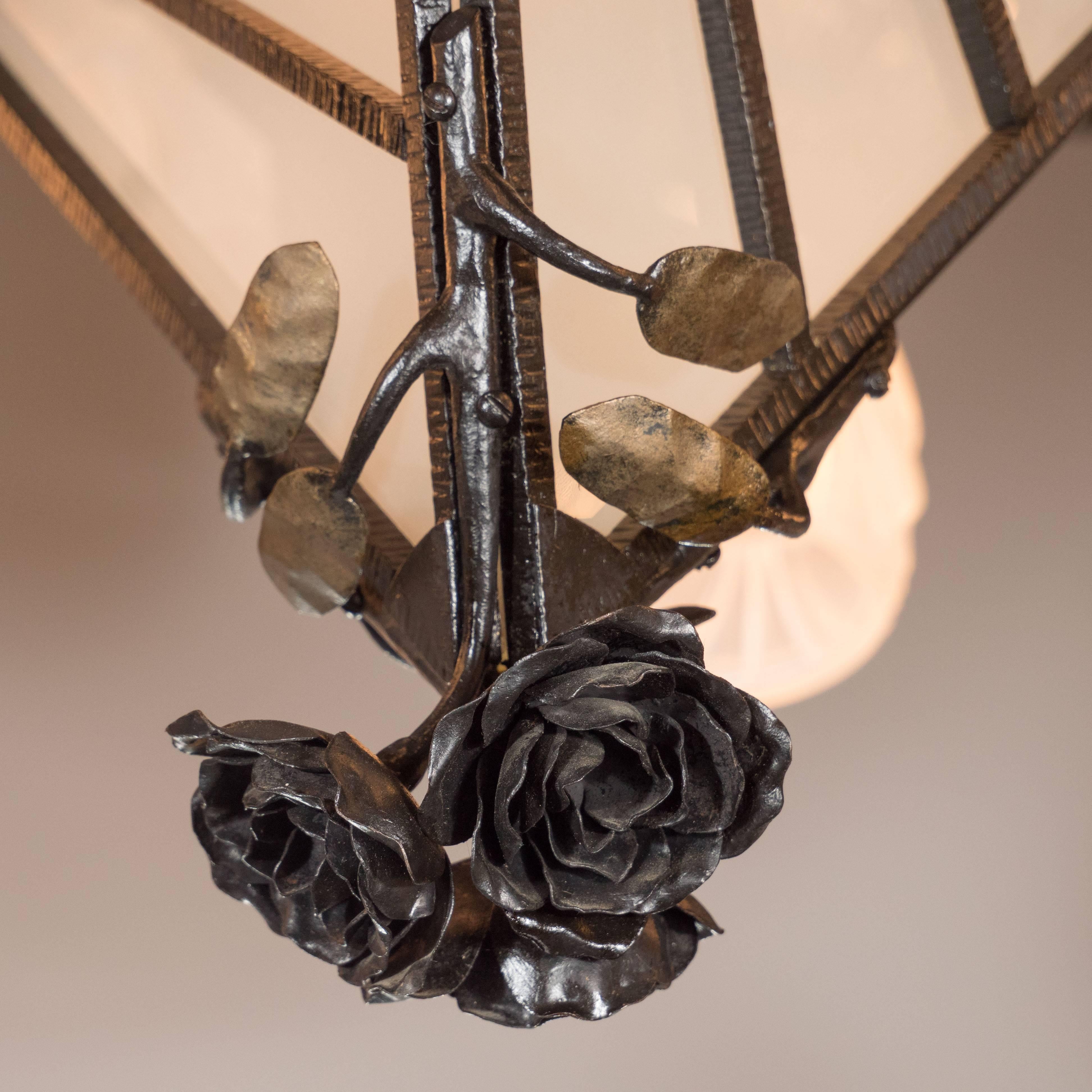 French Art Deco Wrought Iron Six-Arm Chandelier with Rose Finial 1