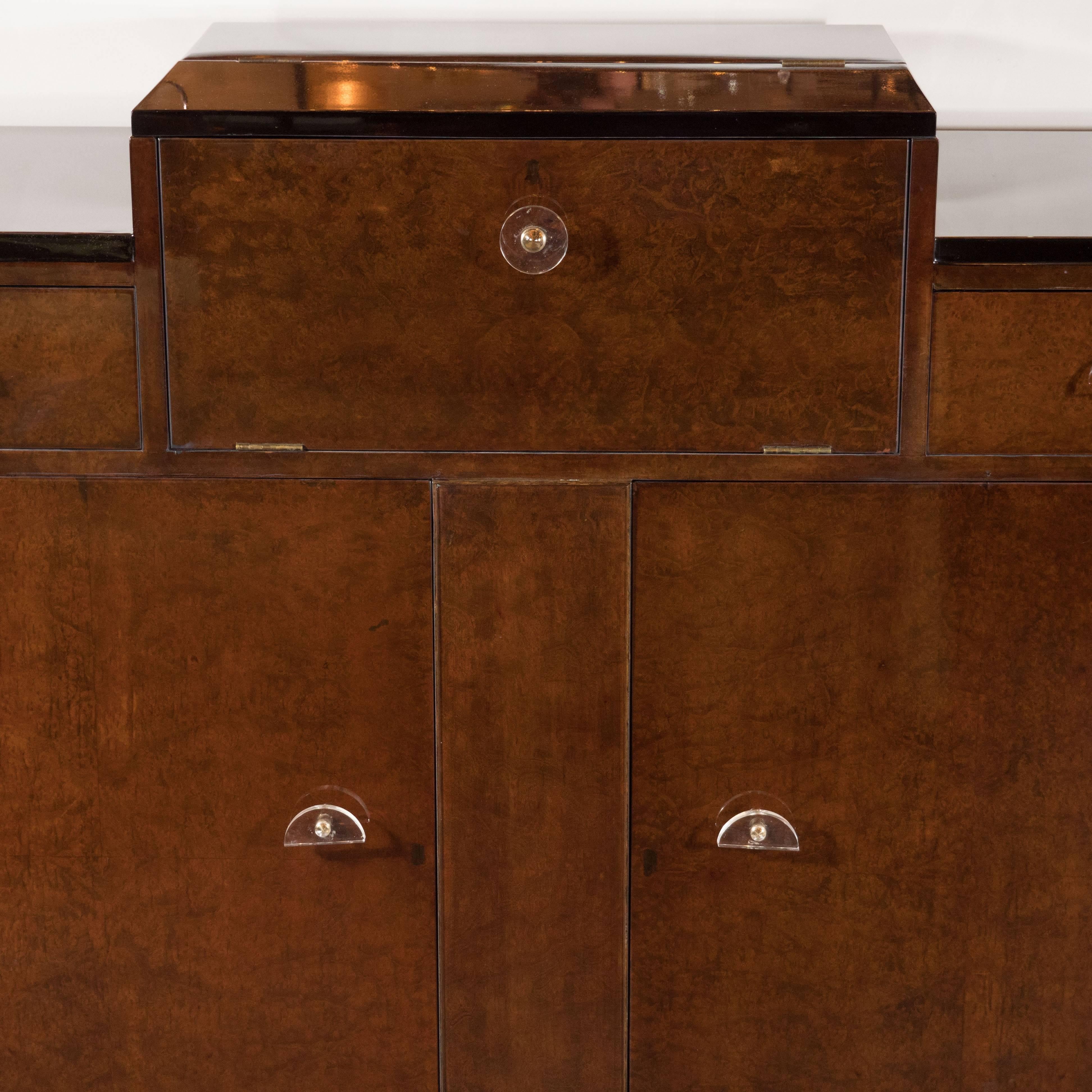 American Streamlined Art Deco Bar/Cabinet in Book-Matched Elm with Plexi Pulls