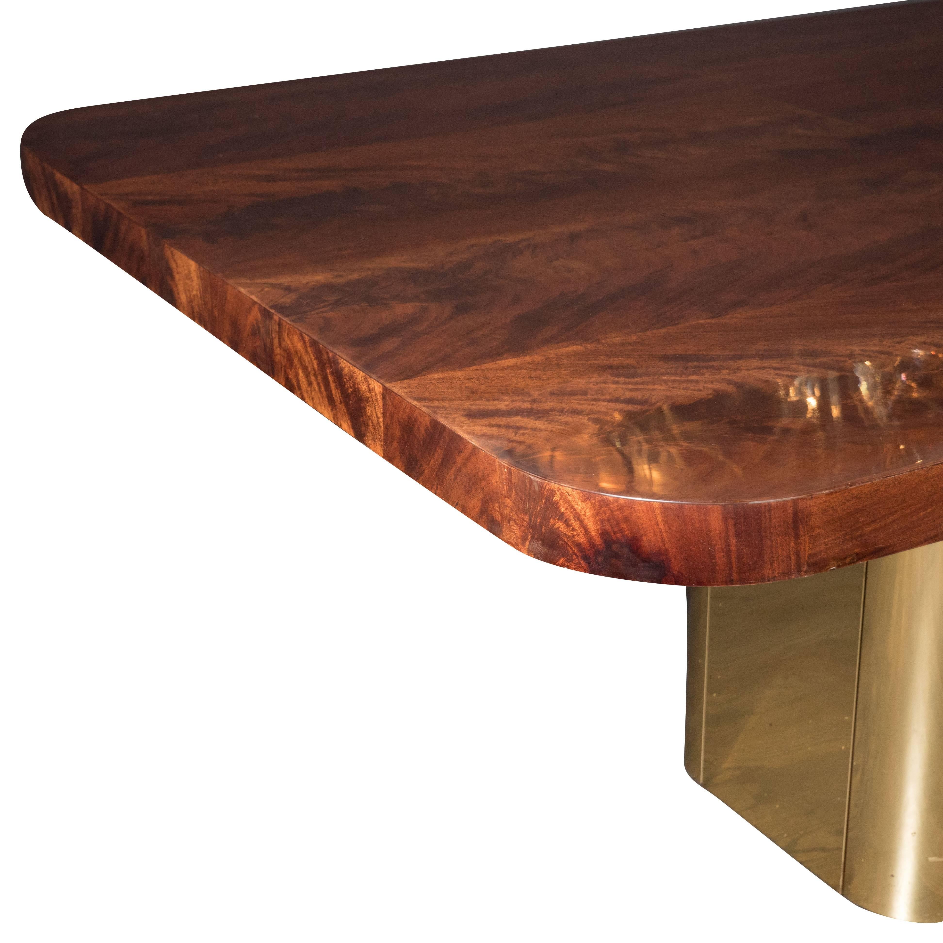 Mid-Century Modern Bookmatched Walnut and Brass Custom Dining Table In Excellent Condition In New York, NY