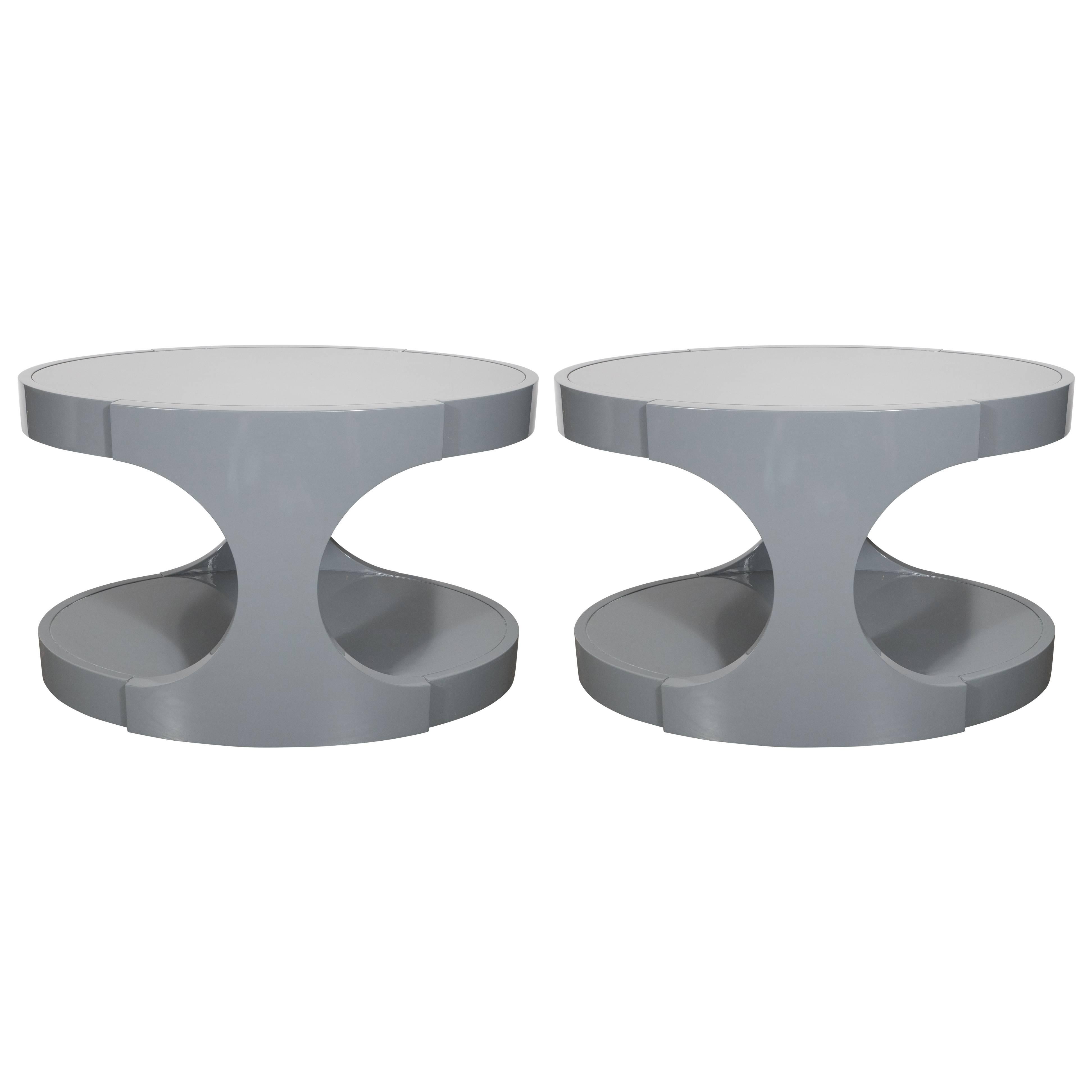 Pair of Graphic Modernist Gray Lacquered Two-Tiered Oval Side Tables