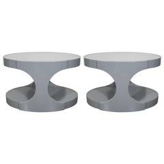 Pair of Graphic Modernist Gray Lacquered Two-Tiered Oval Side Tables