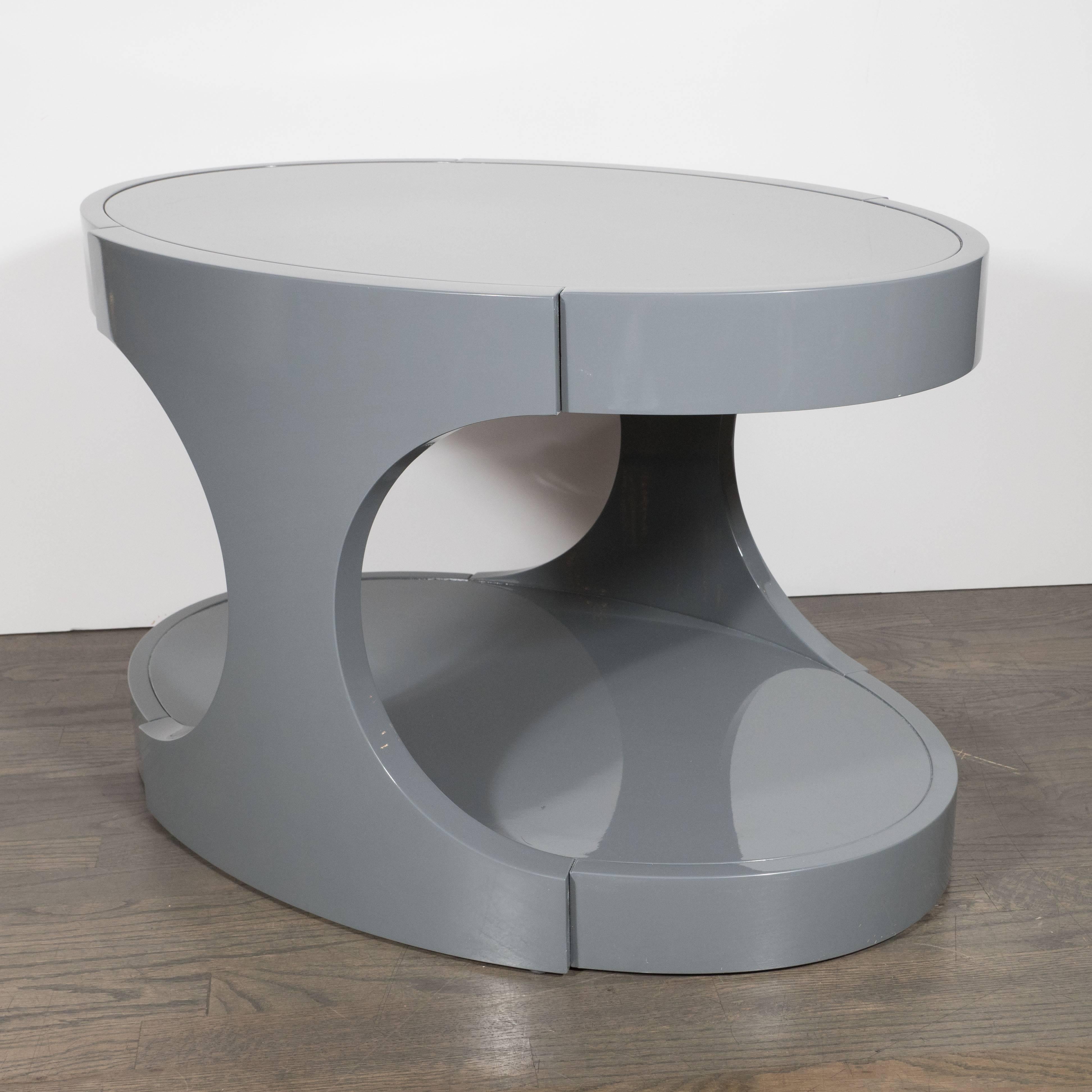 American Pair of Graphic Modernist Gray Lacquered Two-Tiered Oval Side Tables For Sale