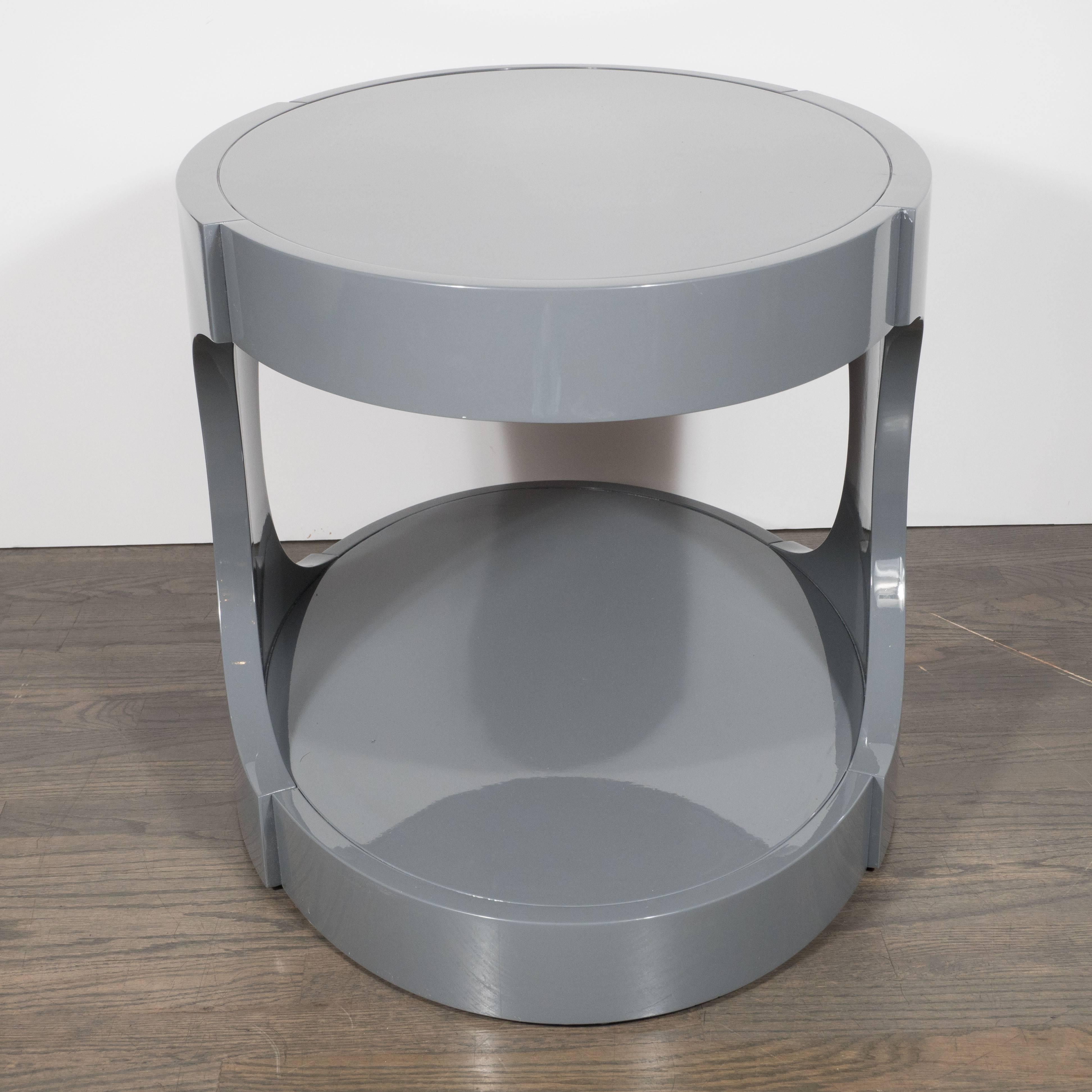 Pair of Graphic Modernist Gray Lacquered Two-Tiered Oval Side Tables In Excellent Condition For Sale In New York, NY