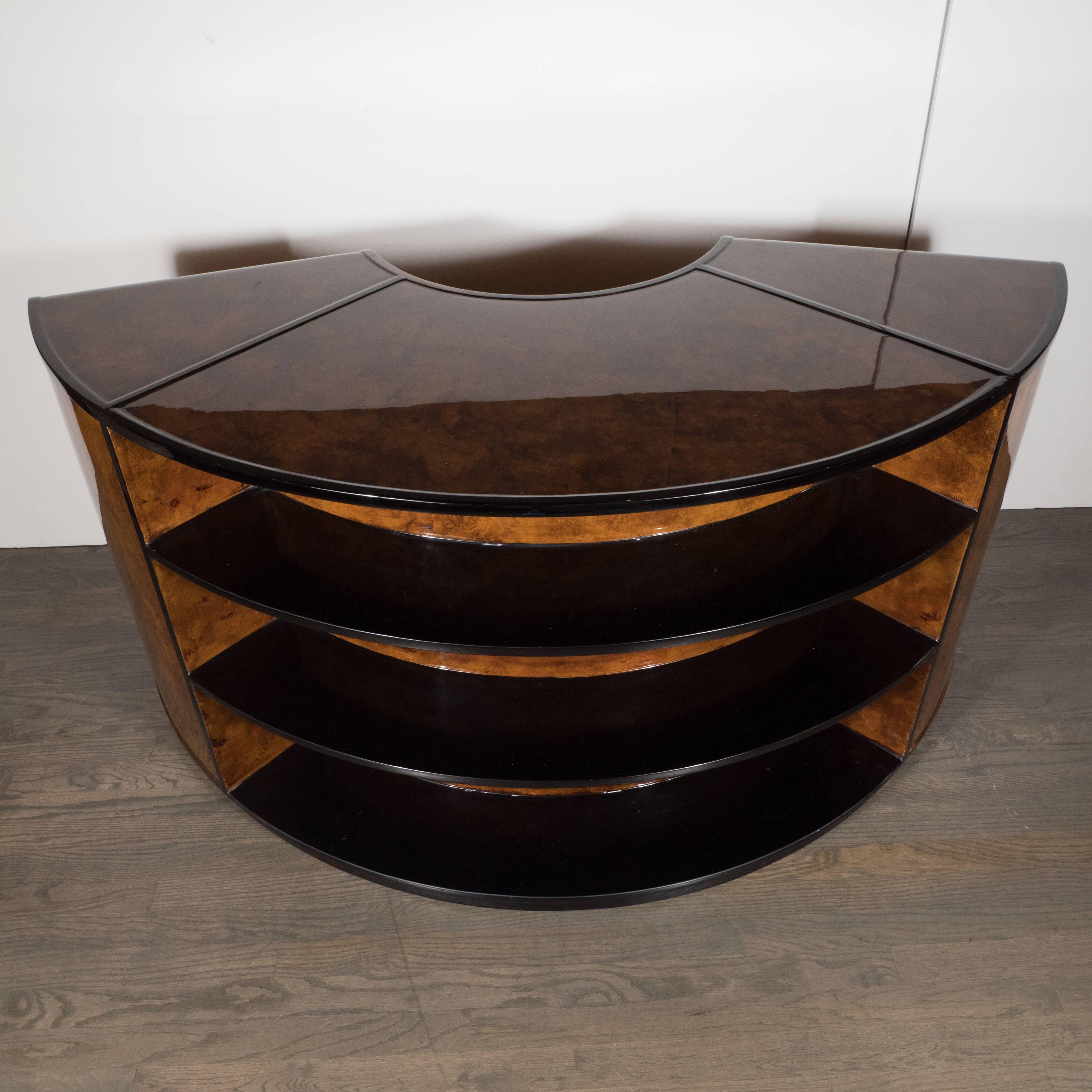 Mid-20th Century American Art Deco Book-Matched Burled Carpathian Elm and Black Lacquer Desk