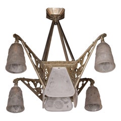 Cubist Art Deco Silvered Bronze & Relief Frosted Glass Chandelier by Daum Nancy