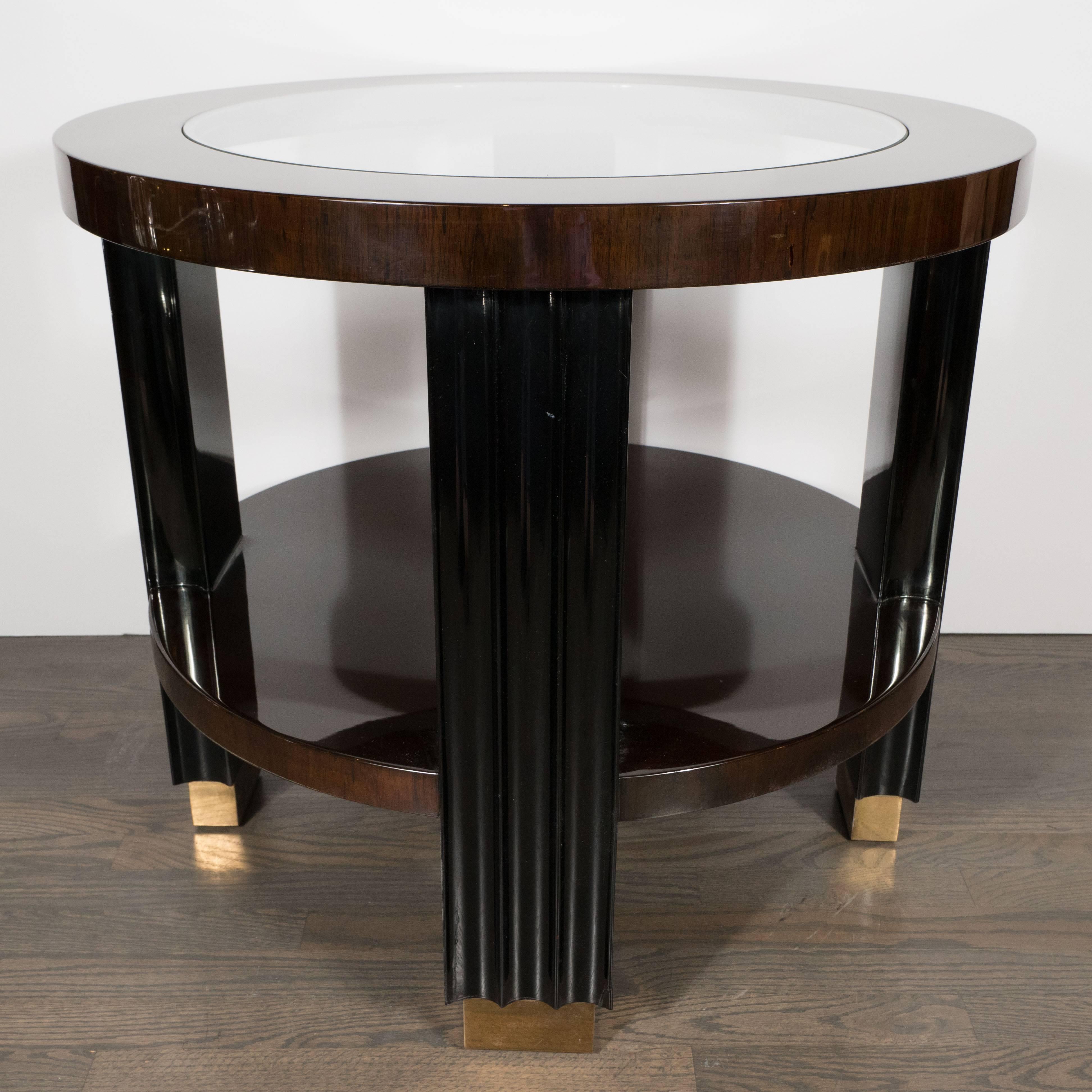 North American Art Deco Two Tiered Walnut and Black Lacquer Occasional Table with Brass Sabots