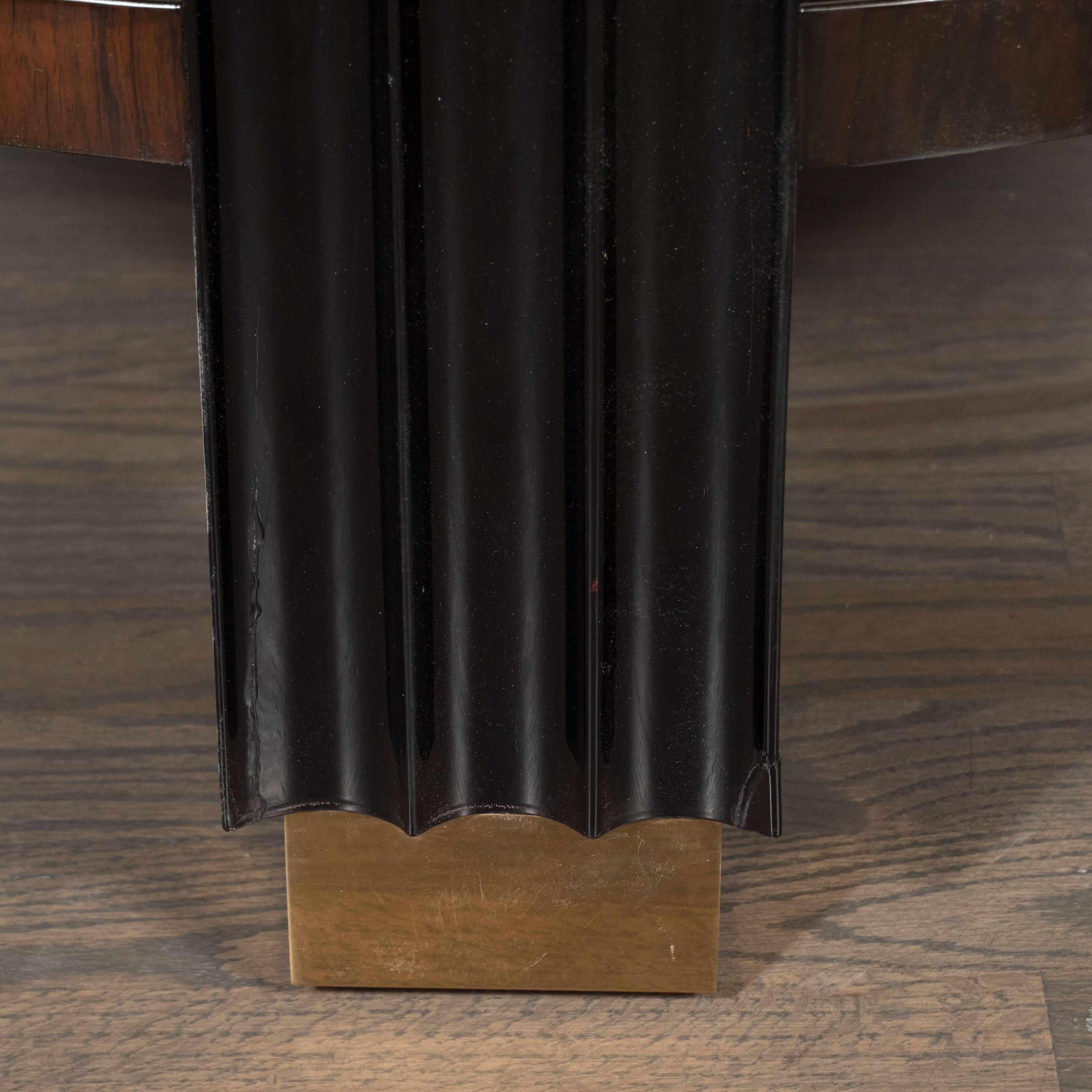 Art Deco Two Tiered Walnut and Black Lacquer Occasional Table with Brass Sabots In Excellent Condition In New York, NY