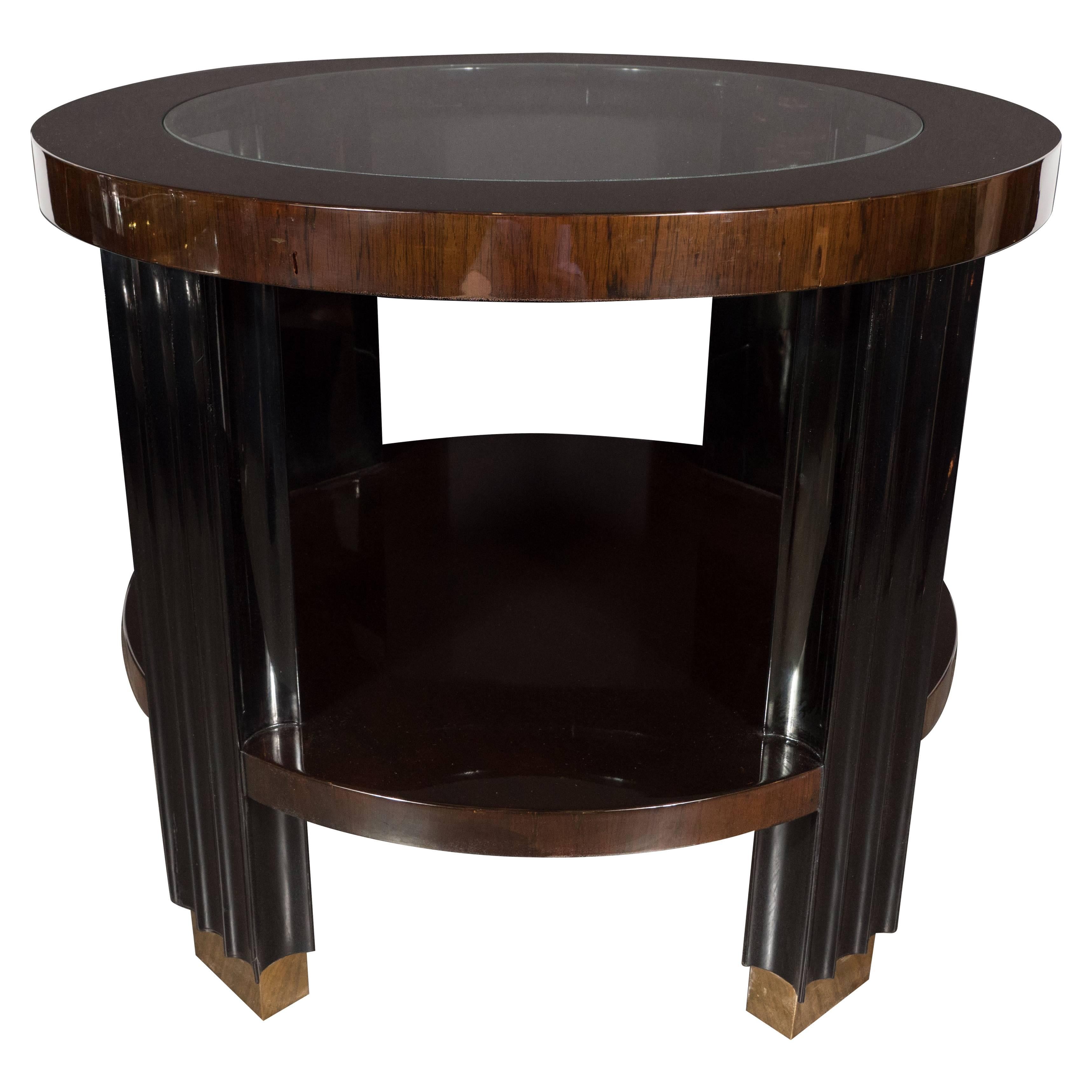 Art Deco Two Tiered Walnut and Black Lacquer Occasional Table with Brass Sabots