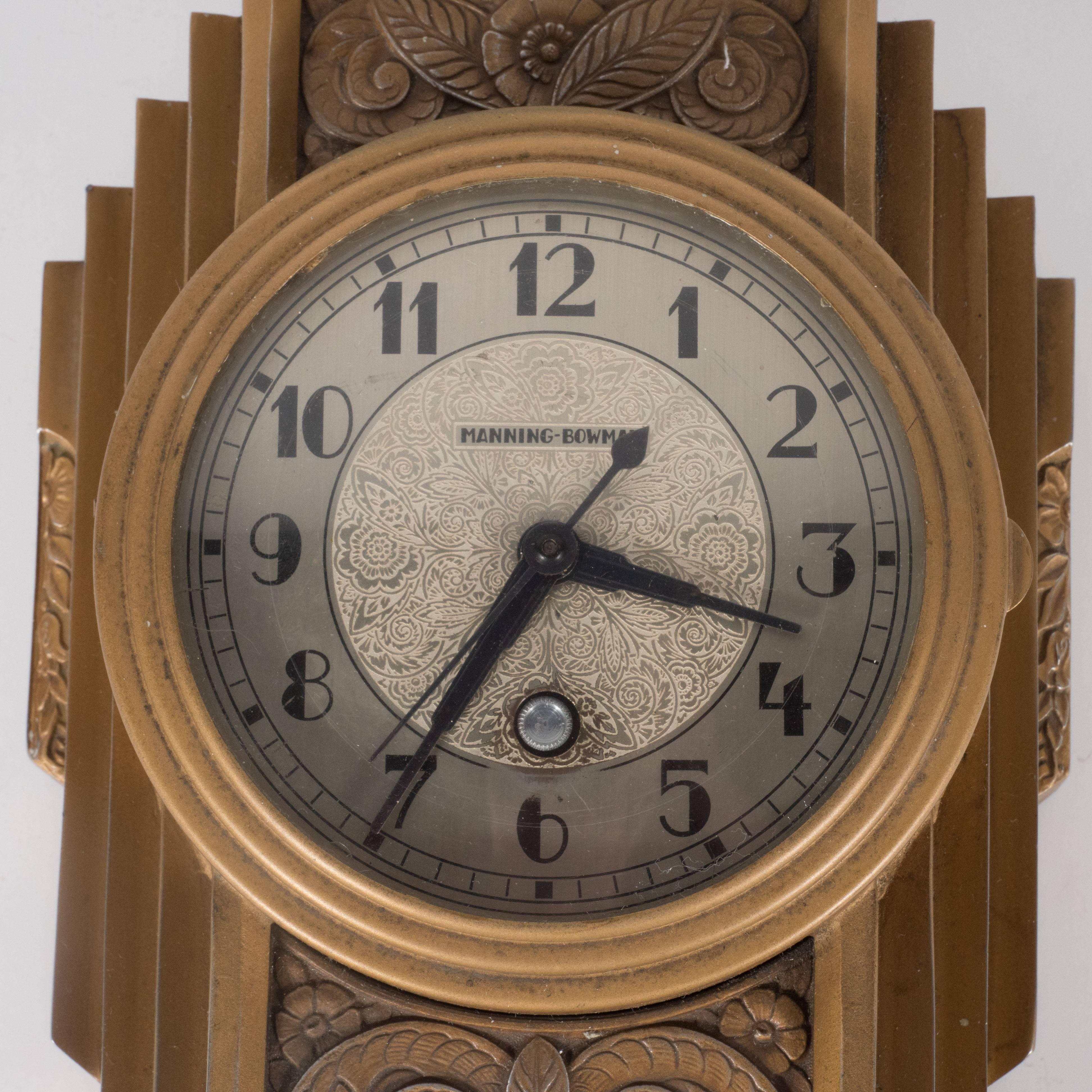 Mid-20th Century Art Deco Gilt Wall Clock with Skyscraper and Cubist Detailing by Manning-Bowman