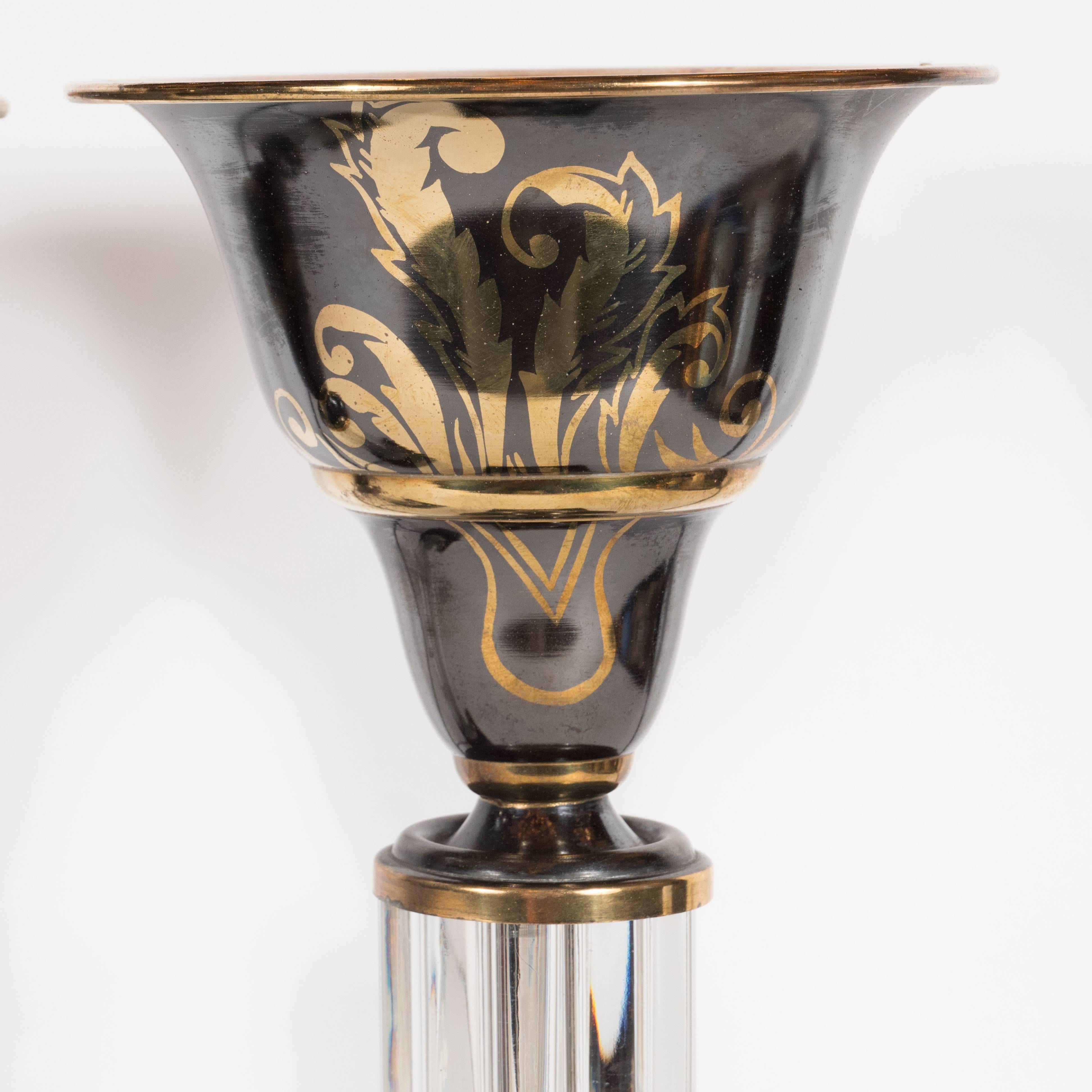Mid-20th Century Pair of Art Deco Onyx, Marble, Bronze and Glass Uplights with Gilded Accents
