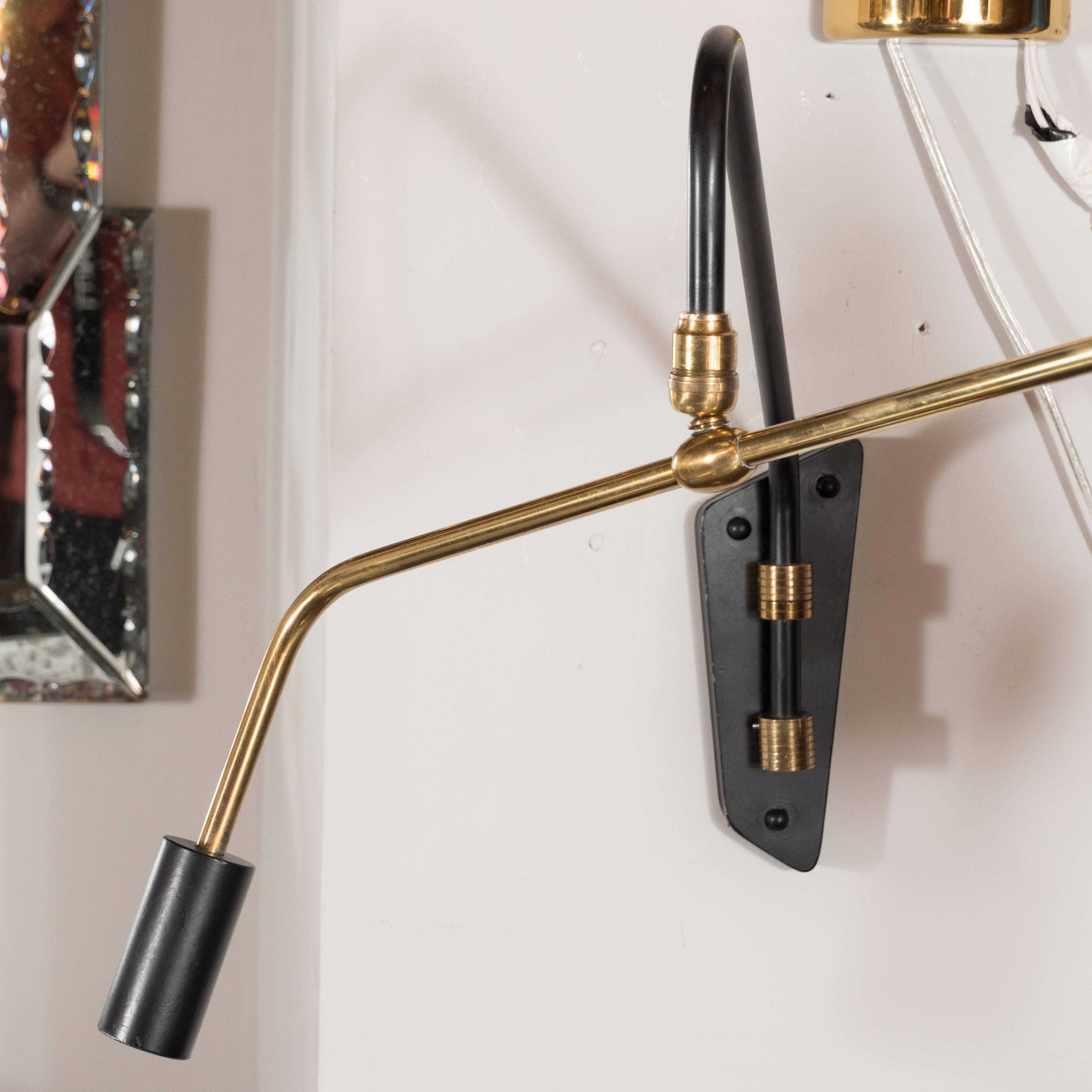 Italian Mid-Century Modern Swing Arm Wall Sconce in Brass and Black Enamel 1
