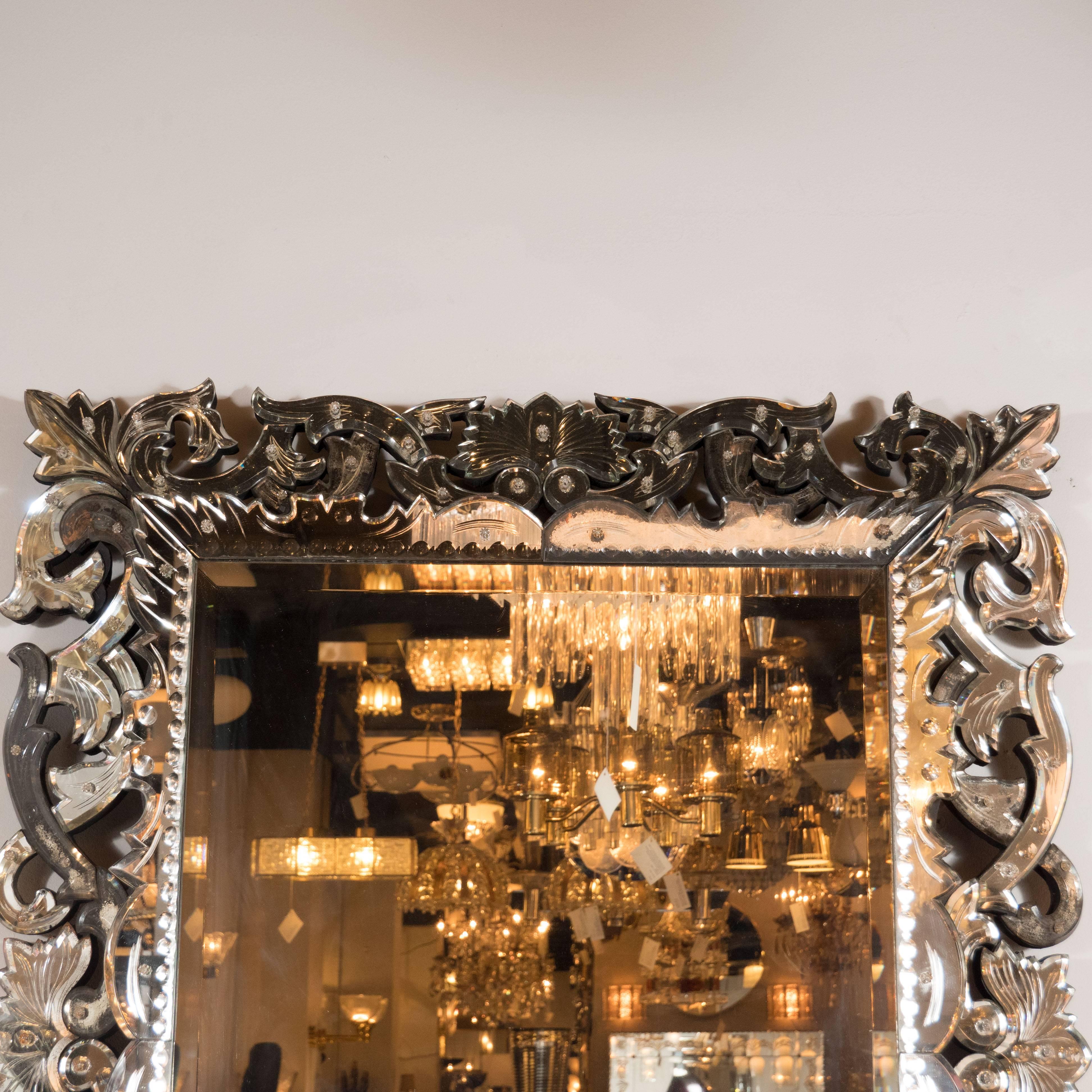 Exquisite French Art Deco Venetian Etched and Chain Beveled Mirror In Excellent Condition In New York, NY