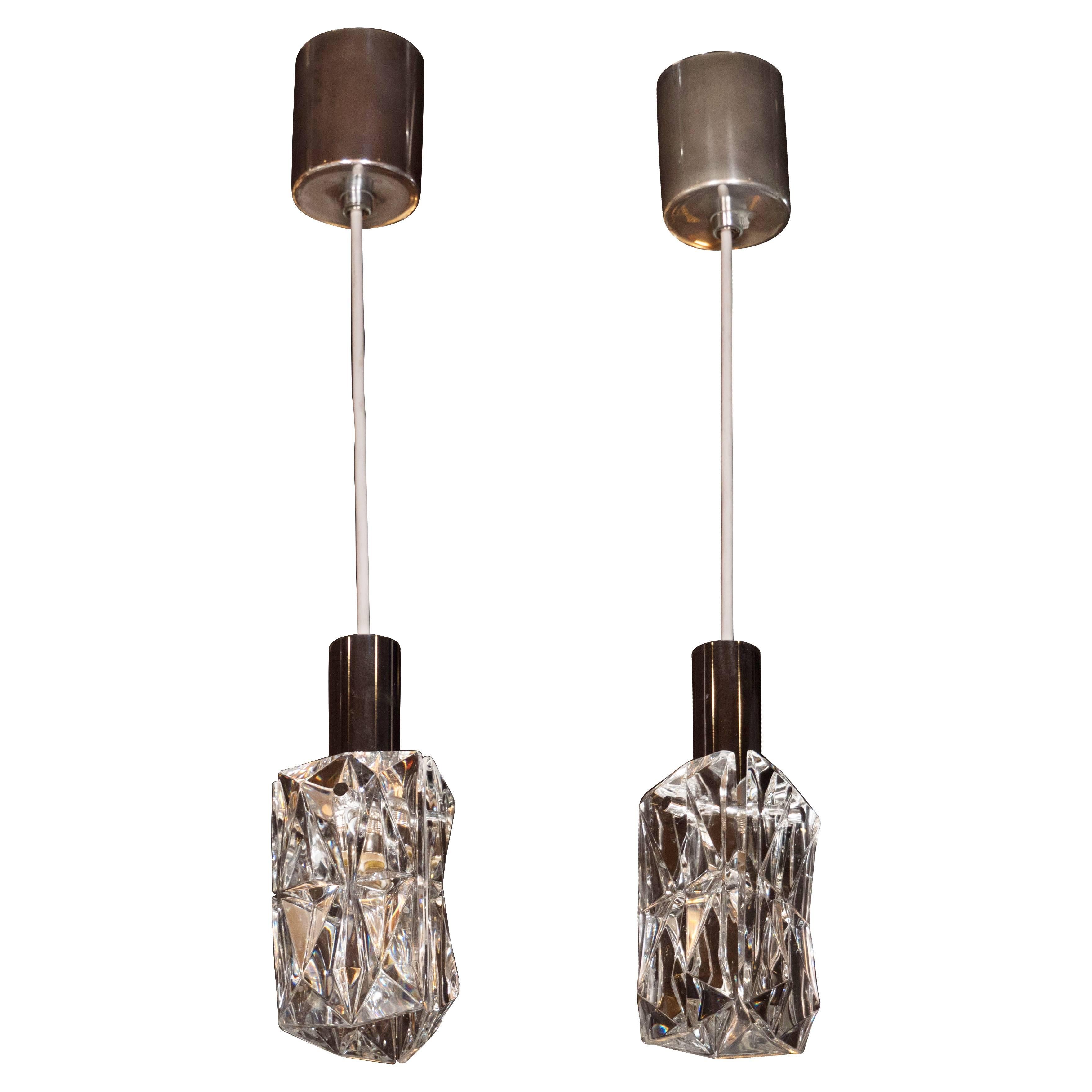 Pair of Mid-Century Modern Pressed Crystal Pendants by Kinkeldey