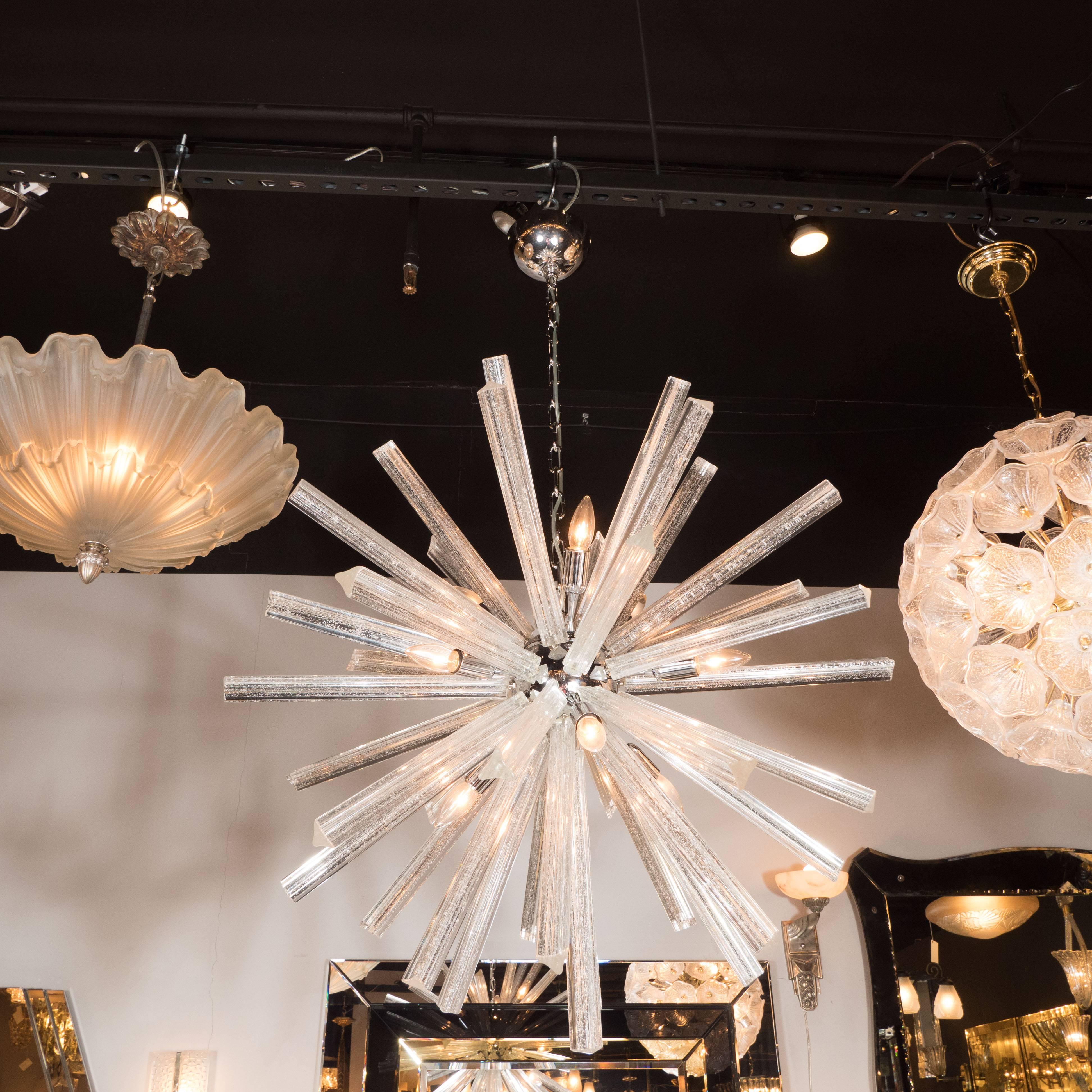 Mid-Century Modern Murano Glass Triedre Chrome Sputnik Chandelier with 24-Carat White Gold Flecks For Sale