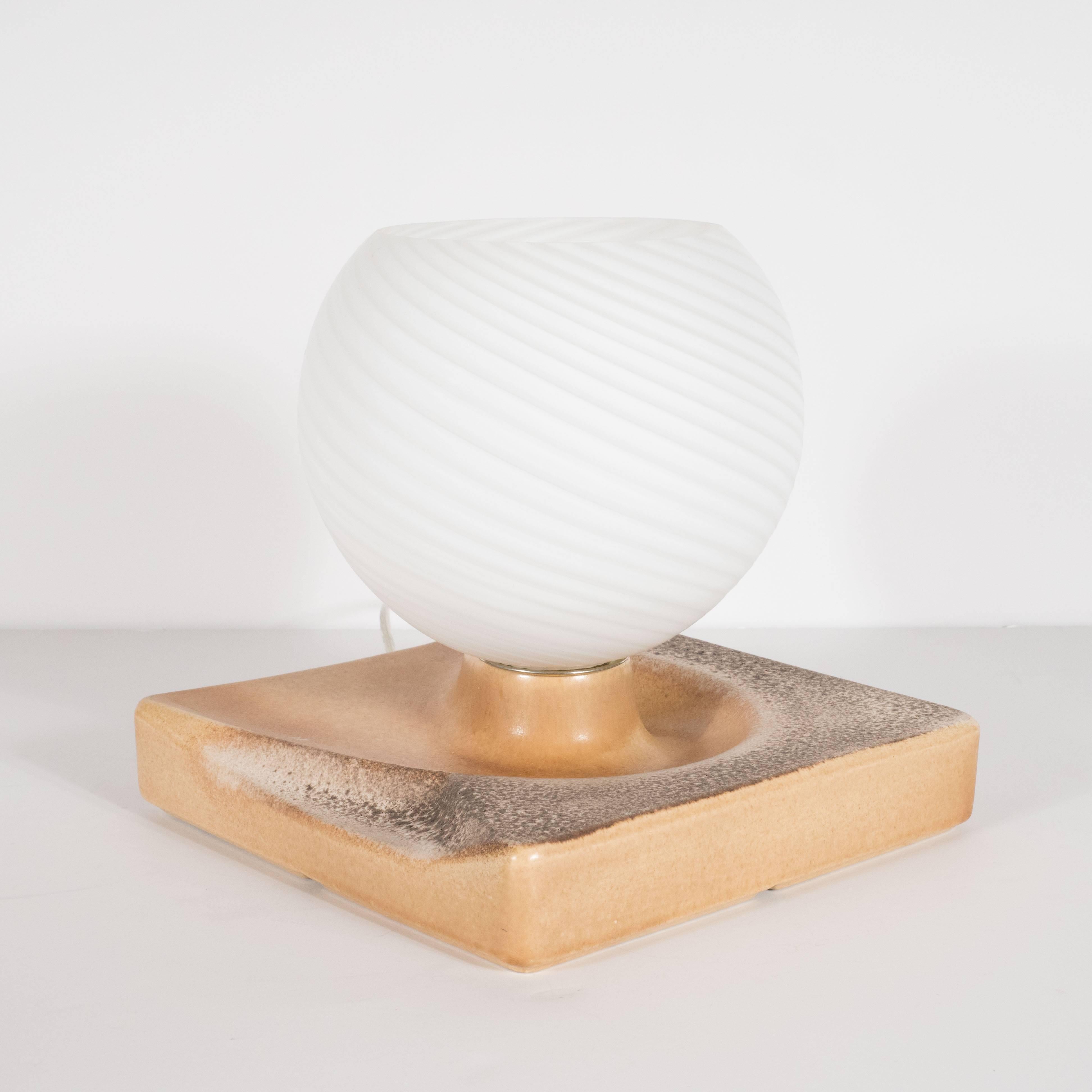 German Mid-Century Modern Ceramic and Frosted Glass Swirling Globe Uplight For Sale