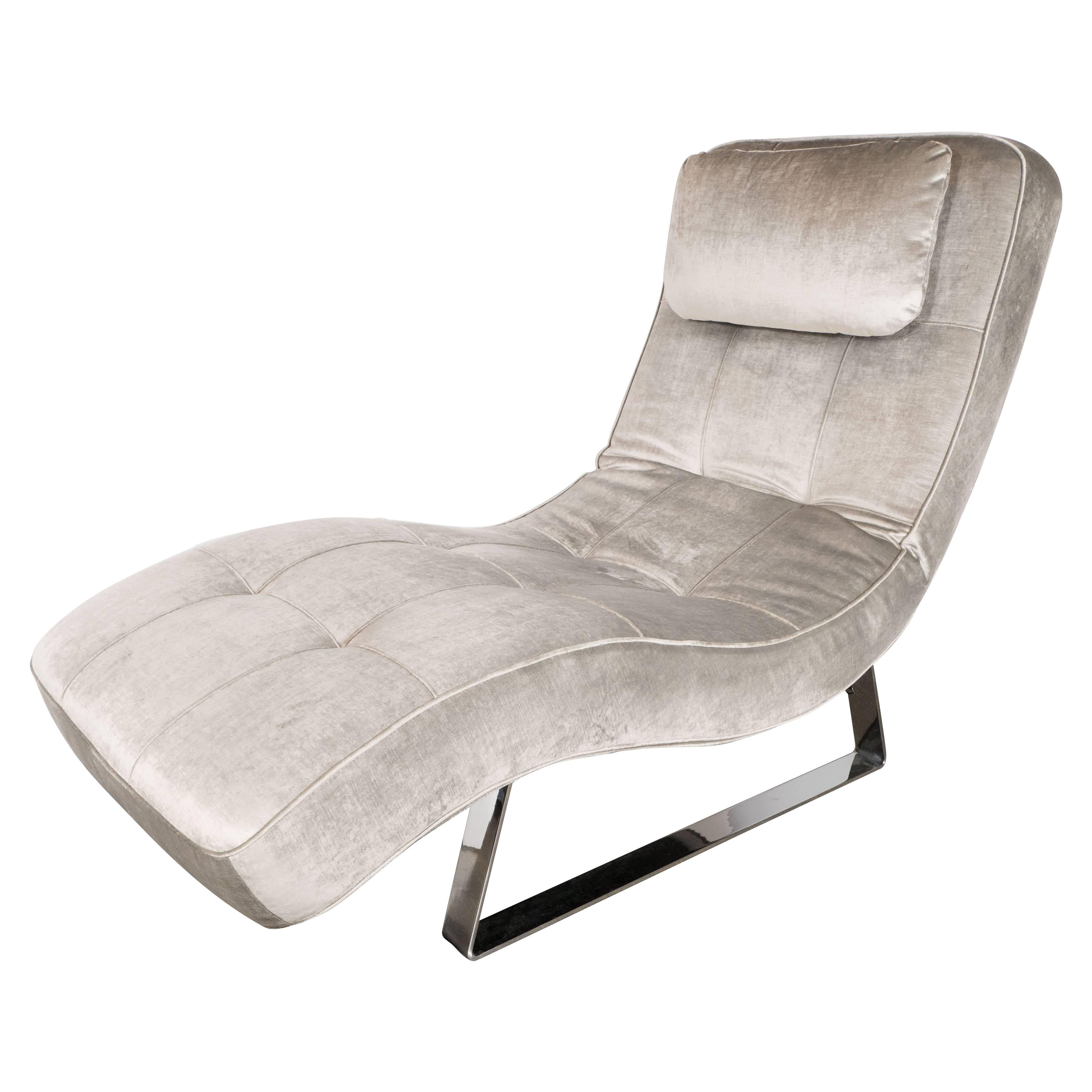 Modern Sculptural Chaise with Chrome Base in Smoked Platinum Velvet