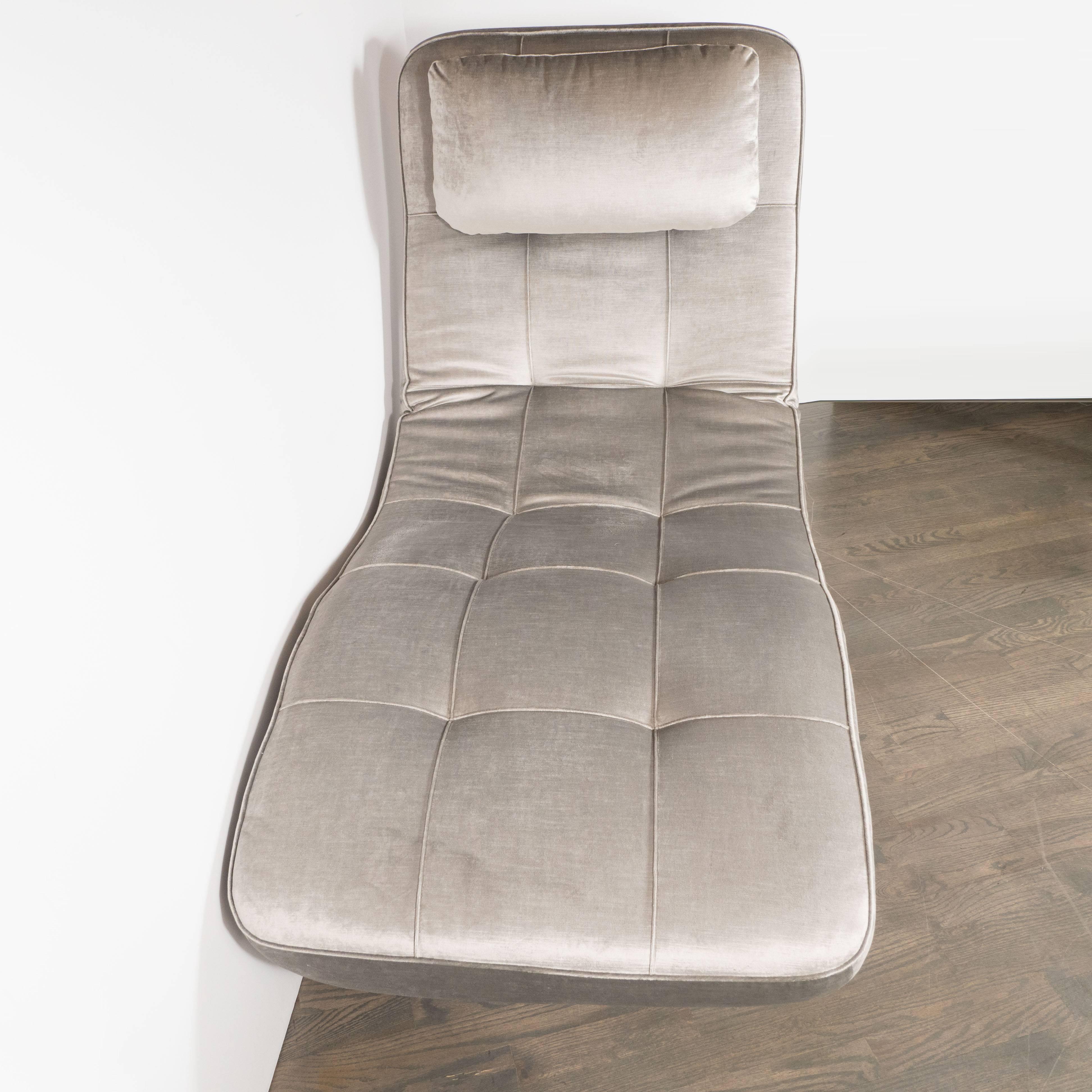 American Modern Sculptural Chaise with Chrome Base in Smoked Platinum Velvet