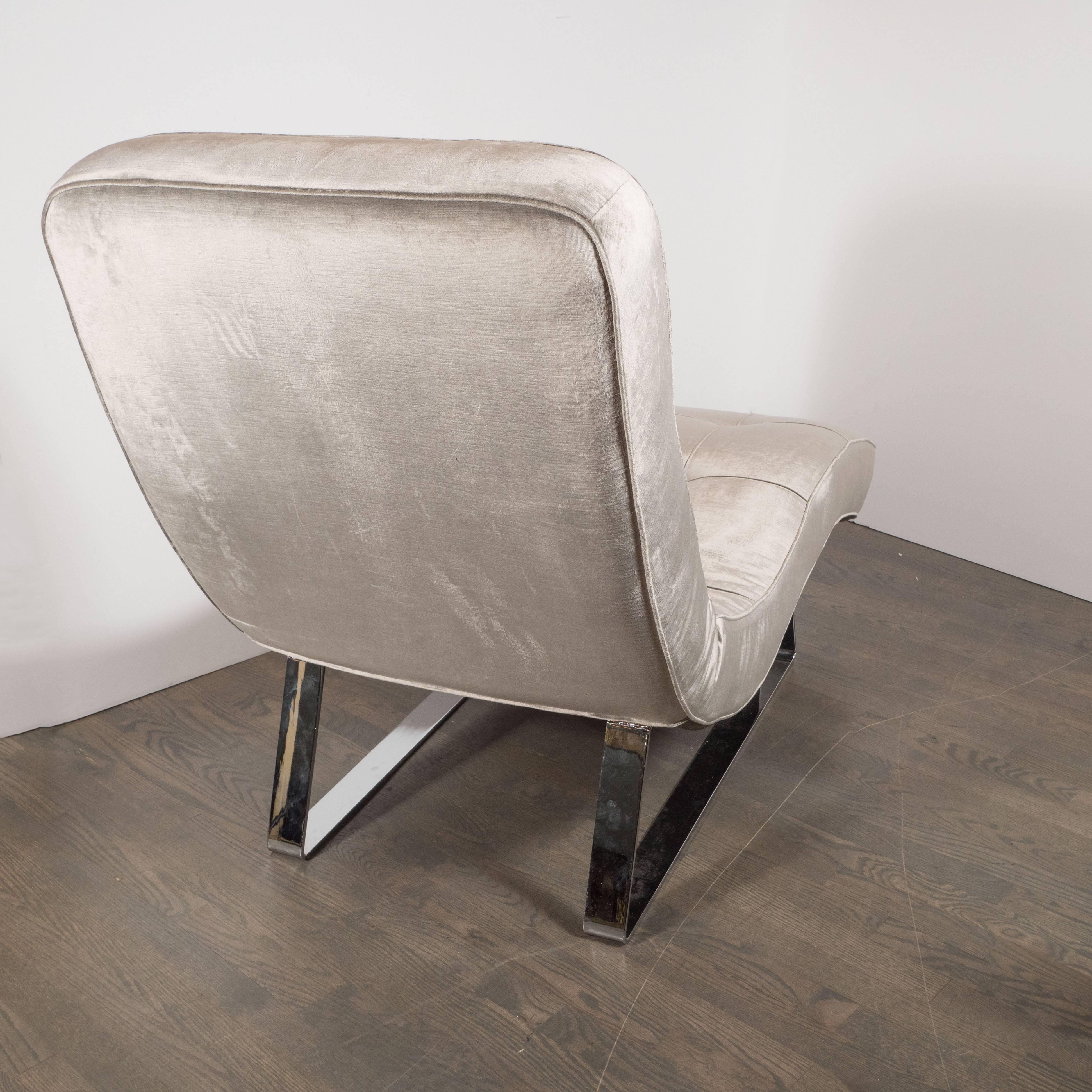Contemporary Modern Sculptural Chaise with Chrome Base in Smoked Platinum Velvet