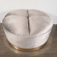 Mid-Century Modern Ottoman in Platinum Velvet Upholstery & Wrapped Brass Base