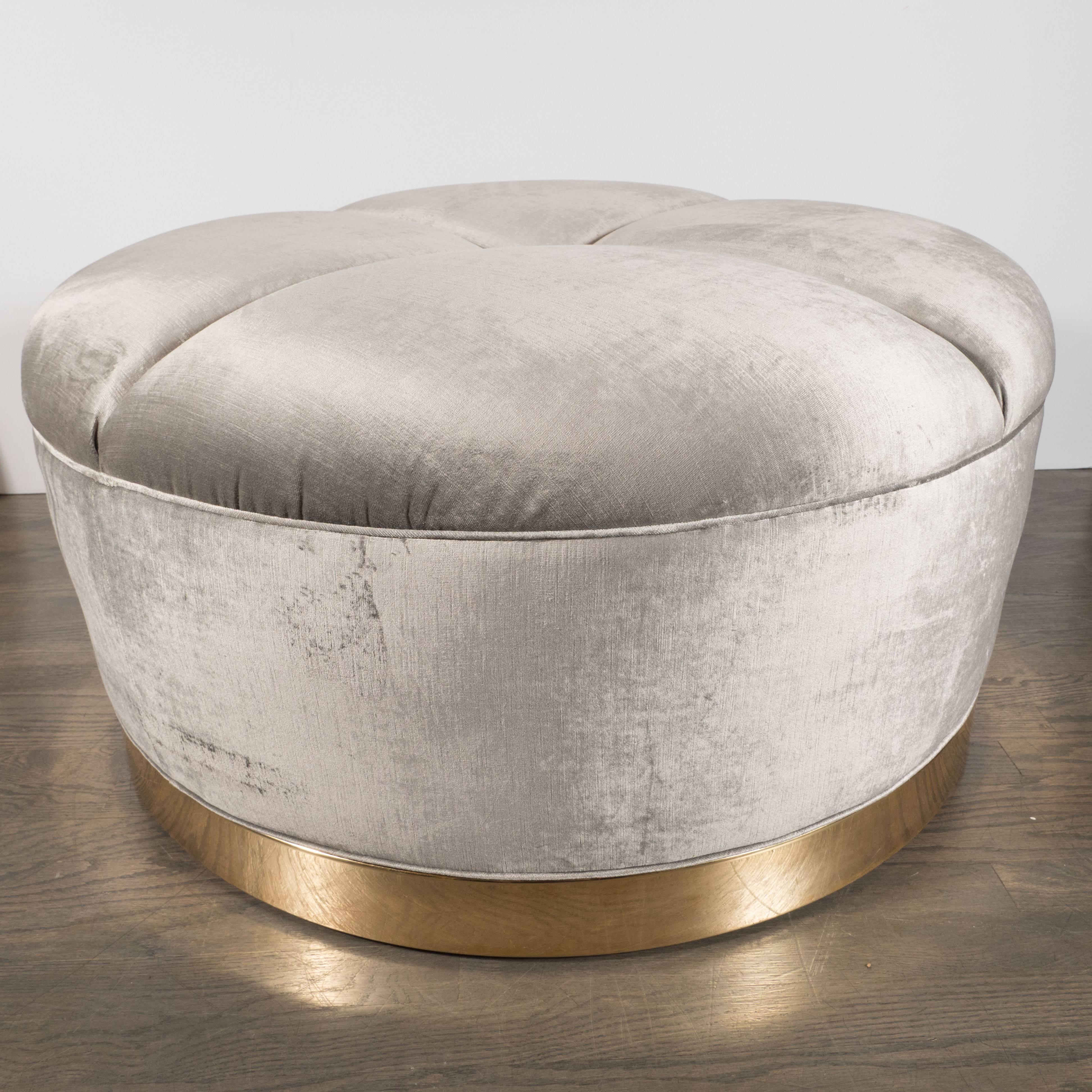 American Mid-Century Modern Ottoman in Platinum Velvet Upholstery & Wrapped Brass Base For Sale