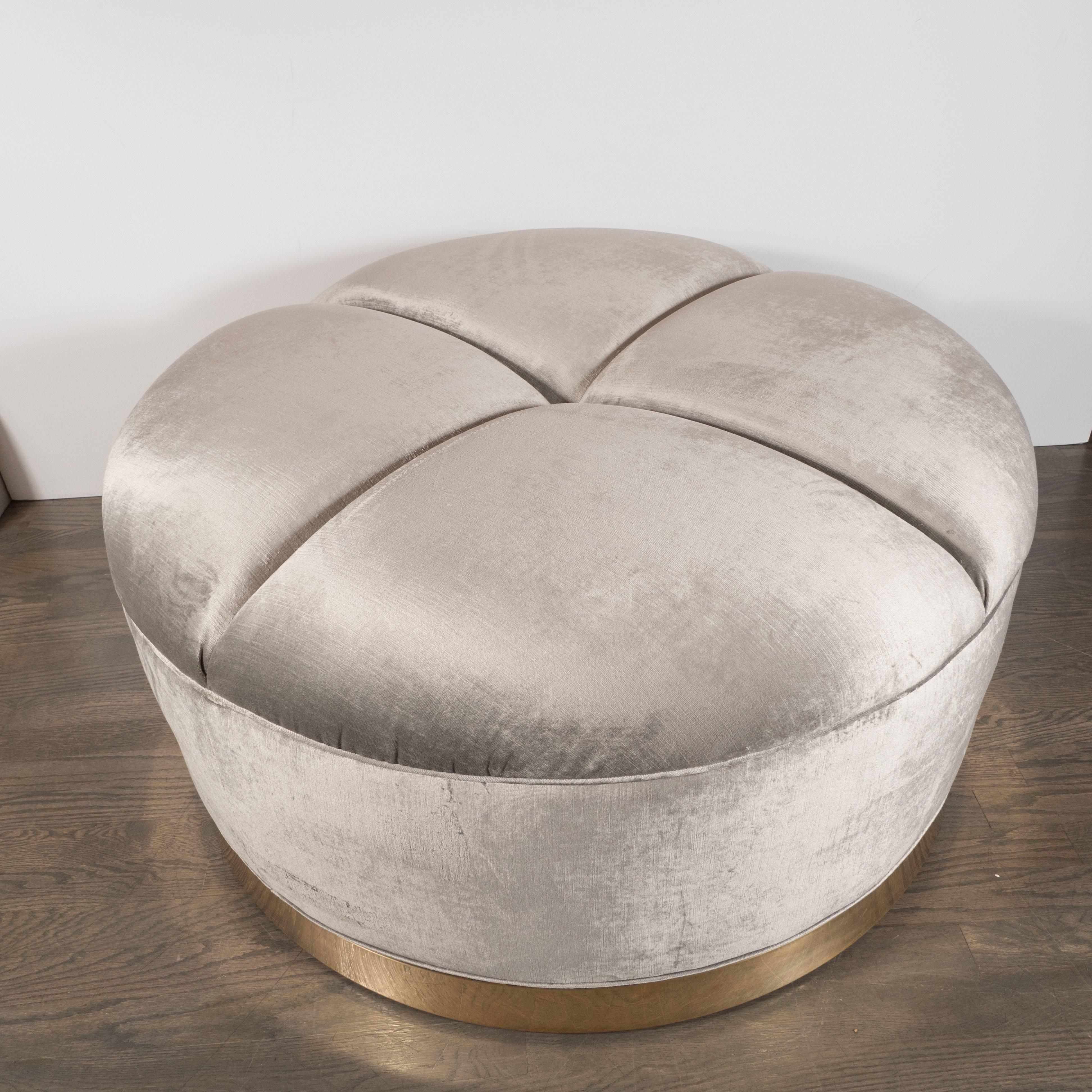Mid-Century Modern Ottoman in Platinum Velvet Upholstery & Wrapped Brass Base In Excellent Condition For Sale In New York, NY