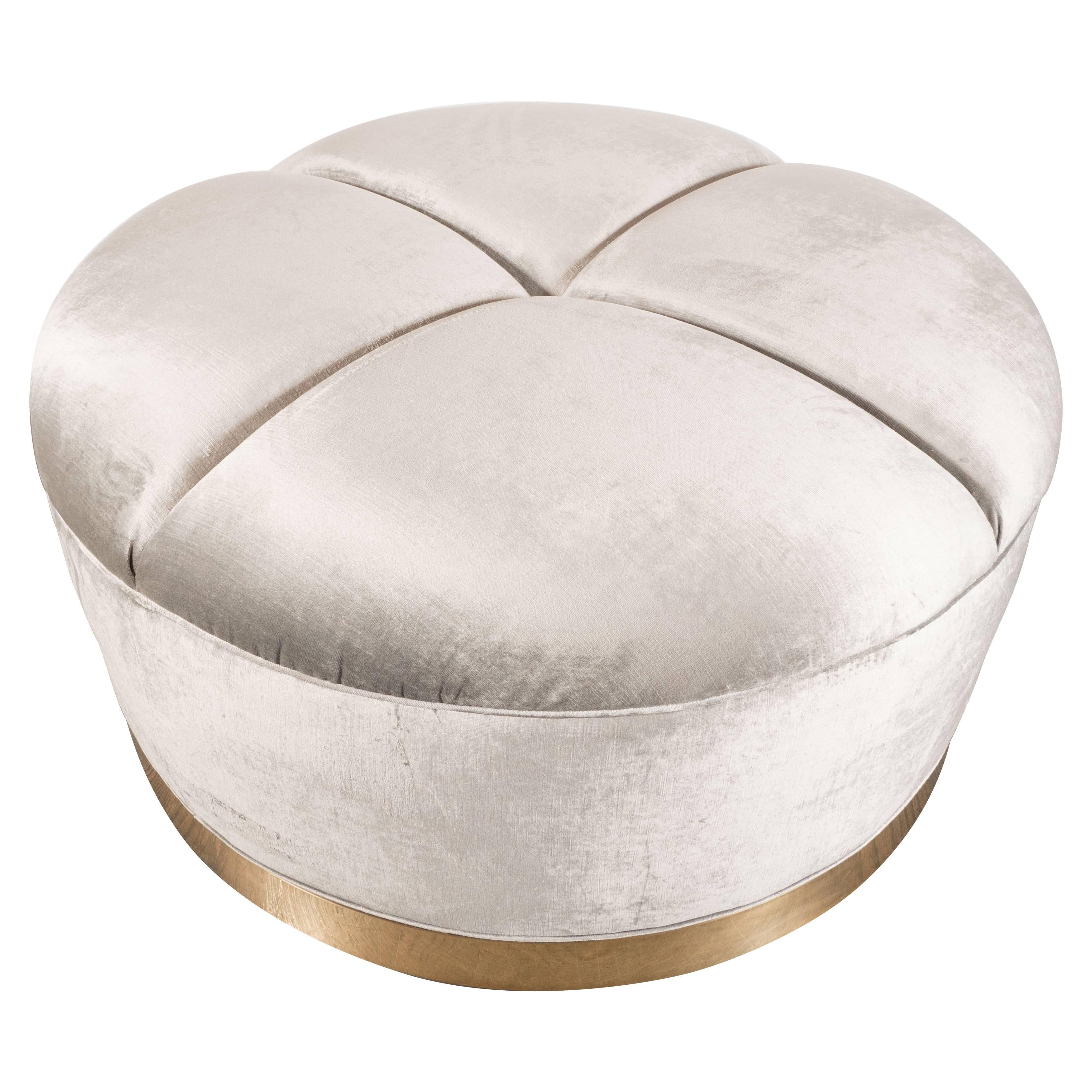 Mid-Century Modern Ottoman in Platinum Velvet Upholstery & Wrapped Brass Base For Sale