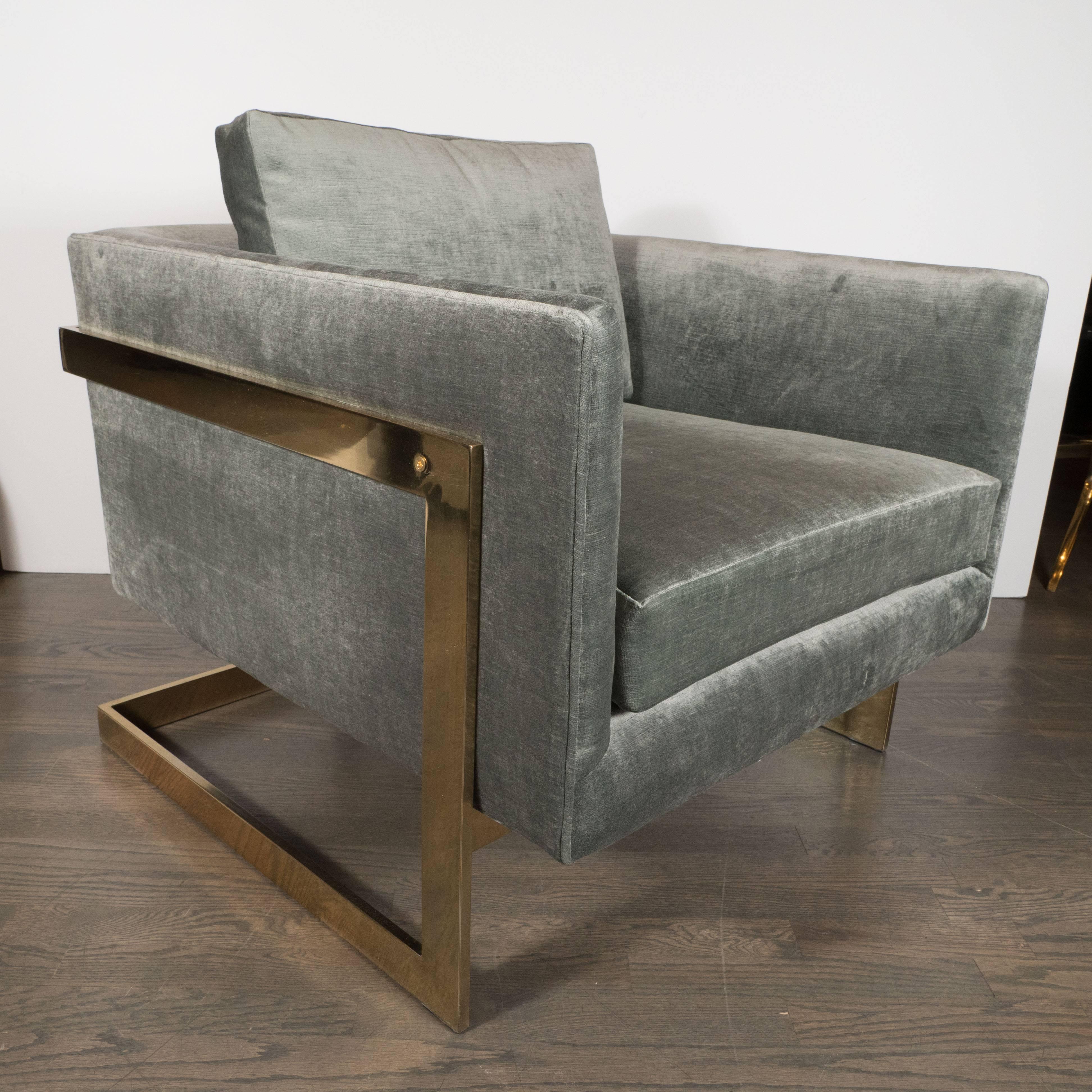 American Club Chairs W/ Polished Brass Supports in Smoked Pewter Velvet by Milo Baughman