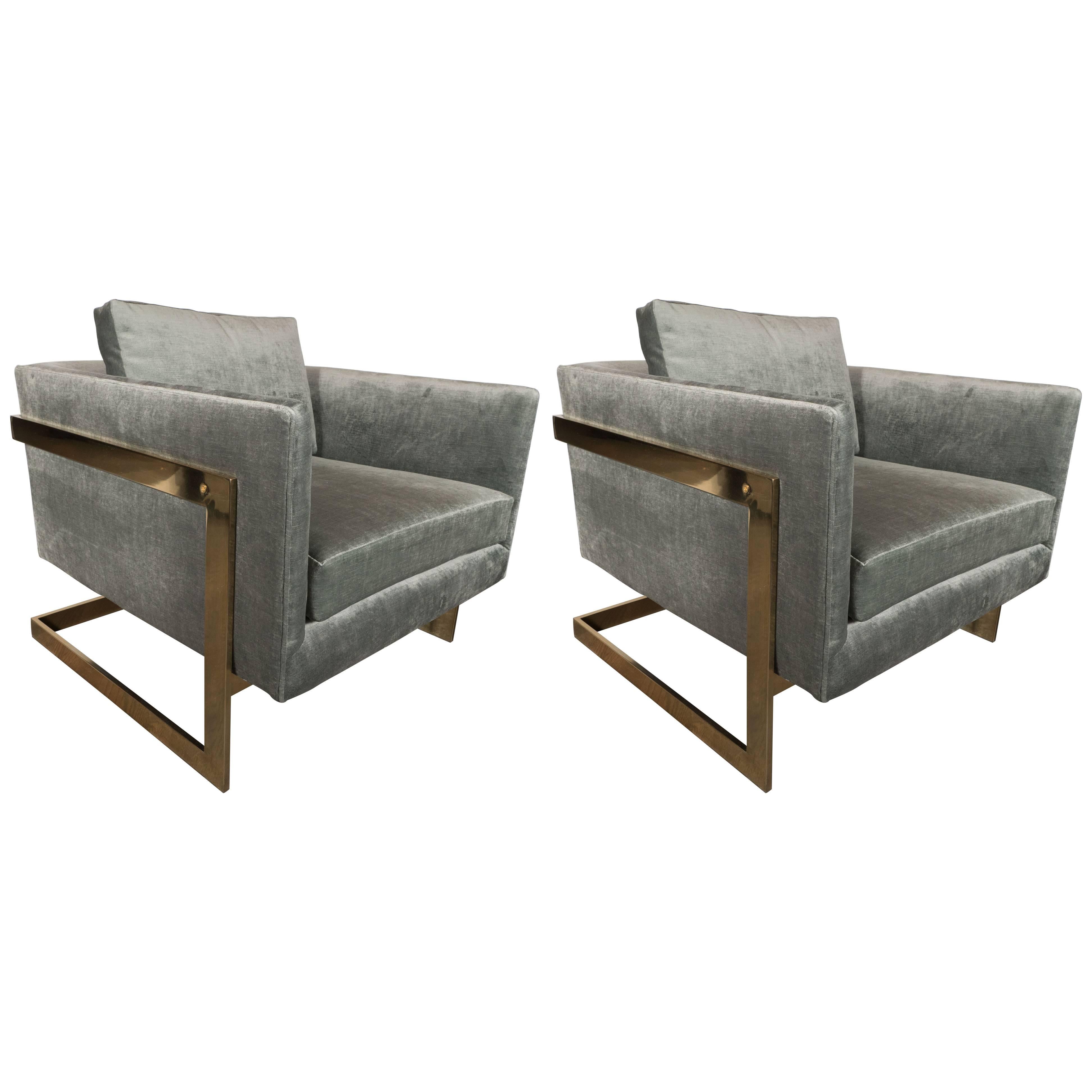Club Chairs W/ Polished Brass Supports in Smoked Pewter Velvet by Milo Baughman 2