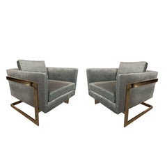 Club Chairs W/ Polished Brass Supports in Smoked Pewter Velvet by Milo Baughman