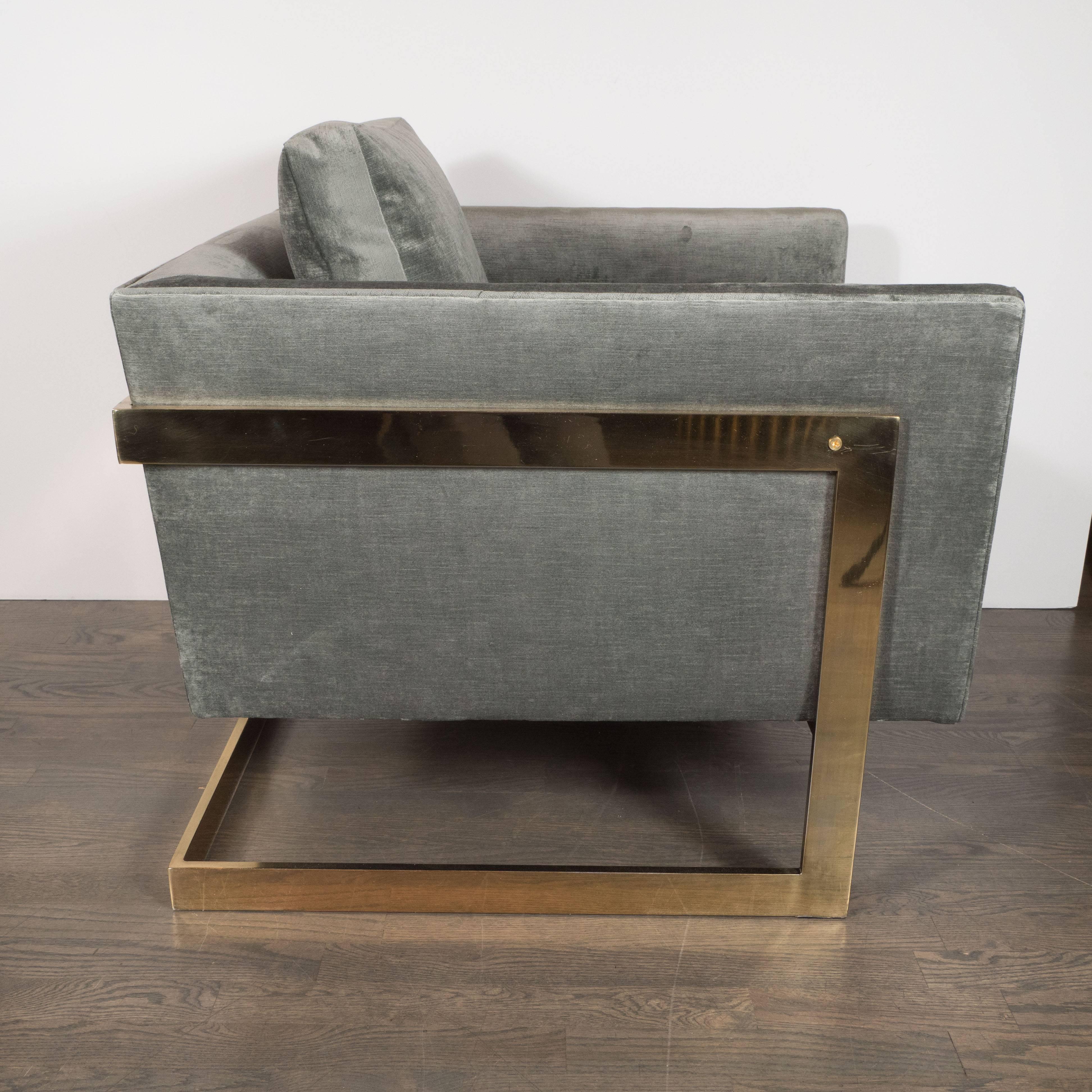 Late 20th Century Club Chairs W/ Polished Brass Supports in Smoked Pewter Velvet by Milo Baughman