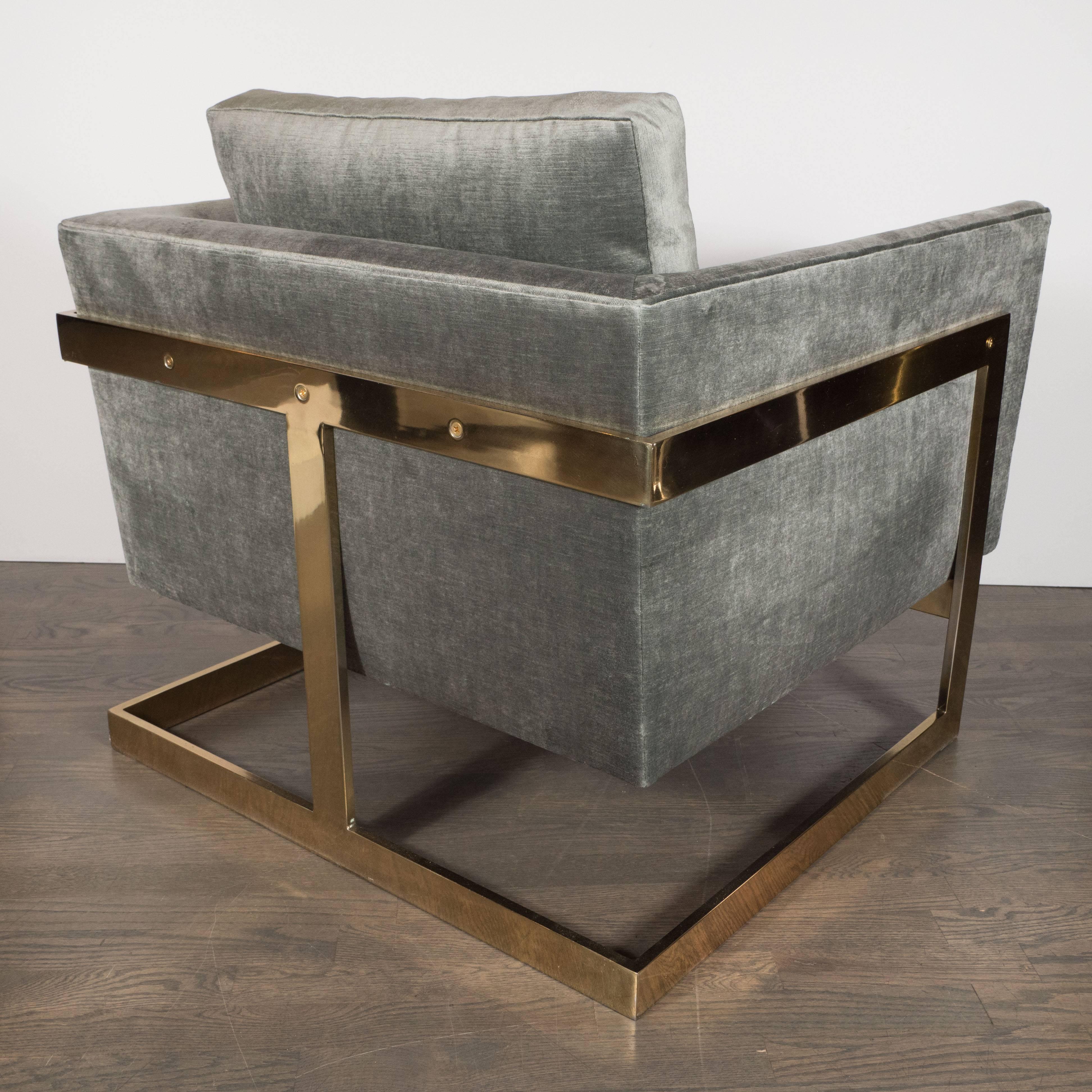Mid-Century Modern Club Chairs W/ Polished Brass Supports in Smoked Pewter Velvet by Milo Baughman