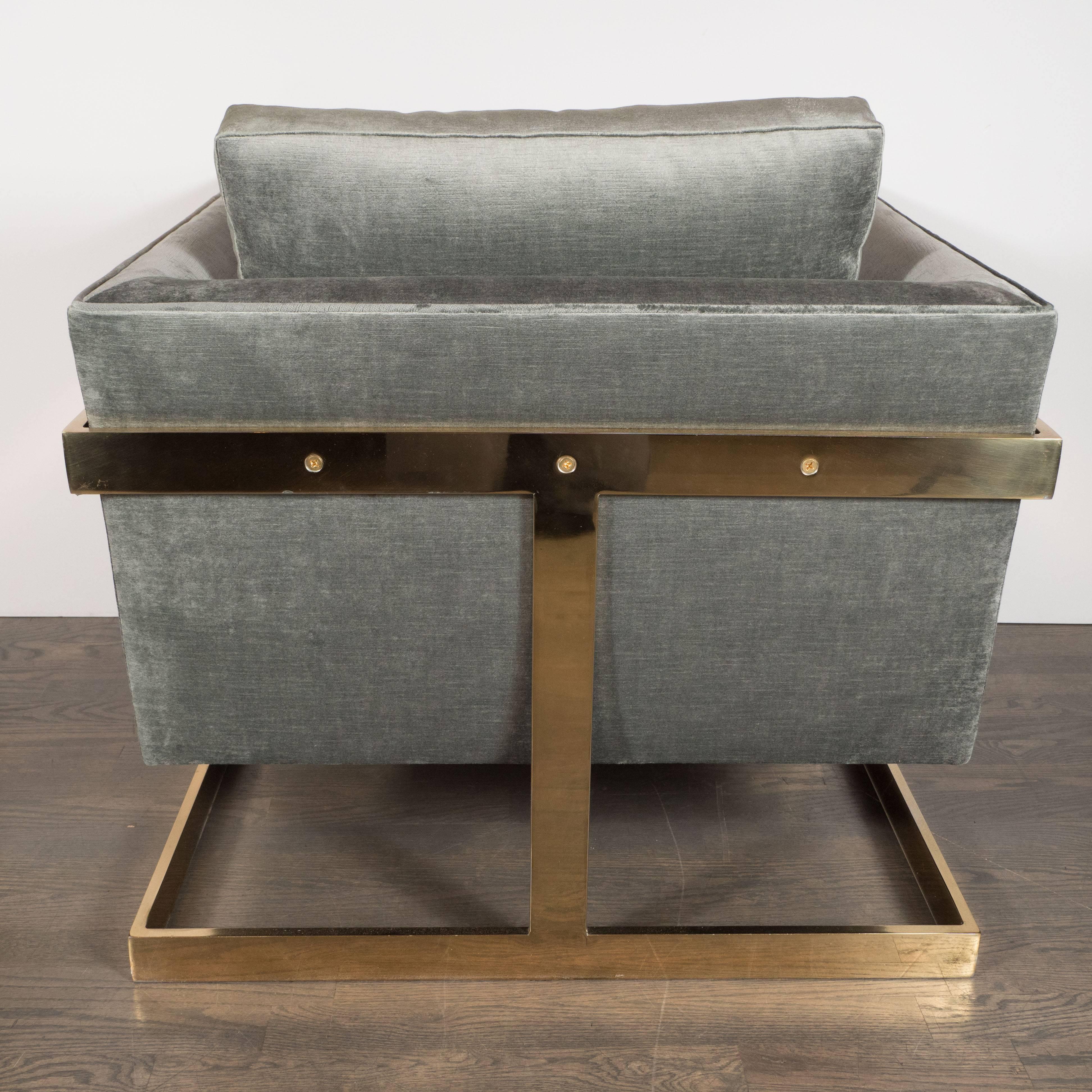 Club Chairs W/ Polished Brass Supports in Smoked Pewter Velvet by Milo Baughman In Excellent Condition In New York, NY