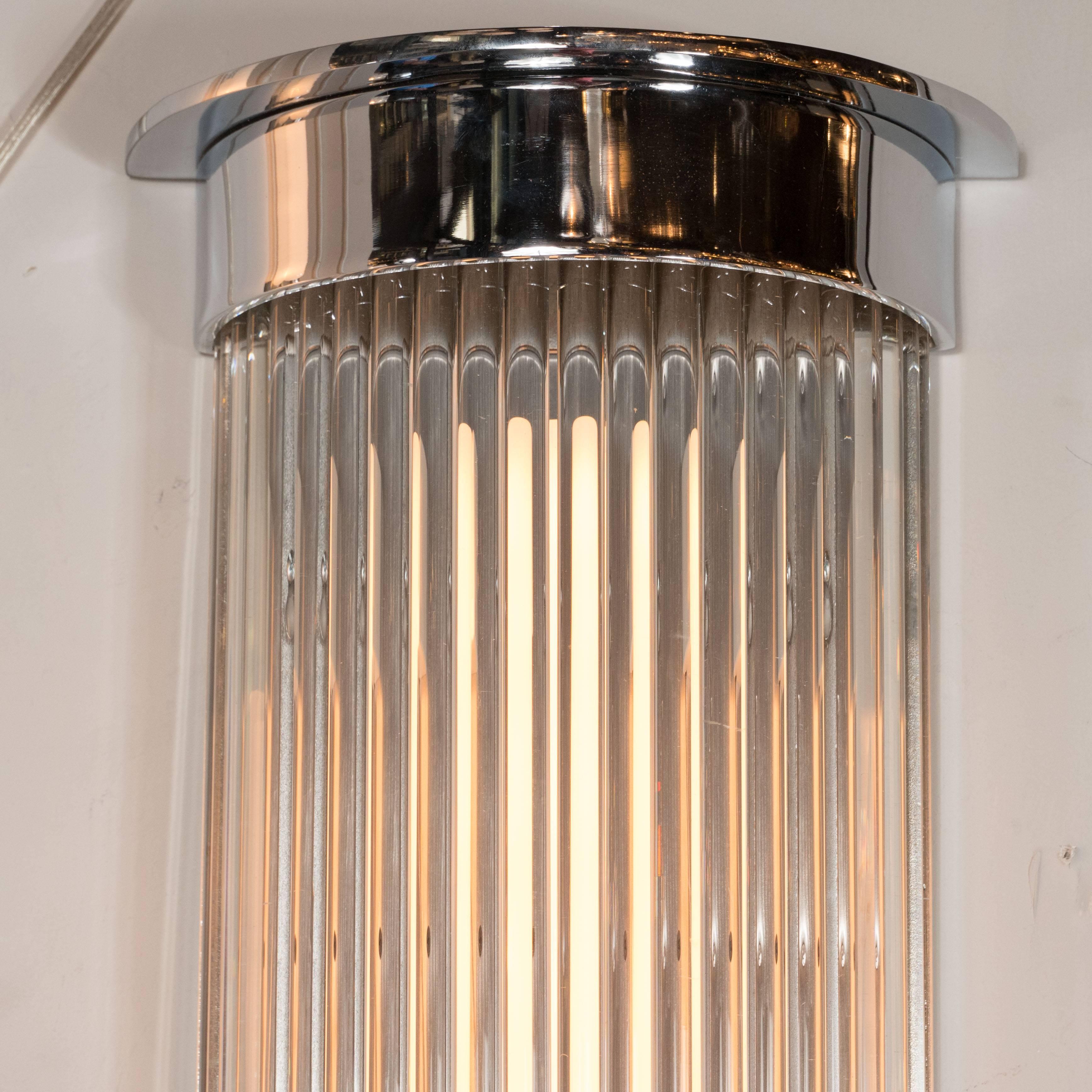 Pair of Art Deco Streamlined Machine Age Chrome and Glass Rod Sconces In Excellent Condition In New York, NY