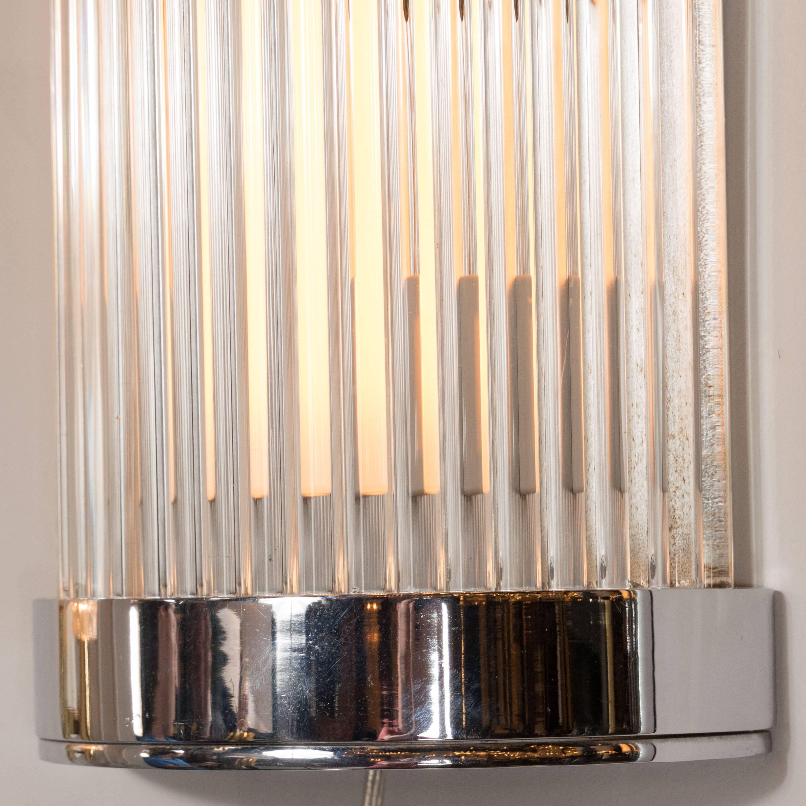 Pair of Art Deco Streamlined Machine Age Chrome and Glass Rod Sconces 2