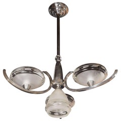 Vintage Art Deco Machine Age Style Chandelier in Chrome and Frosted Glass