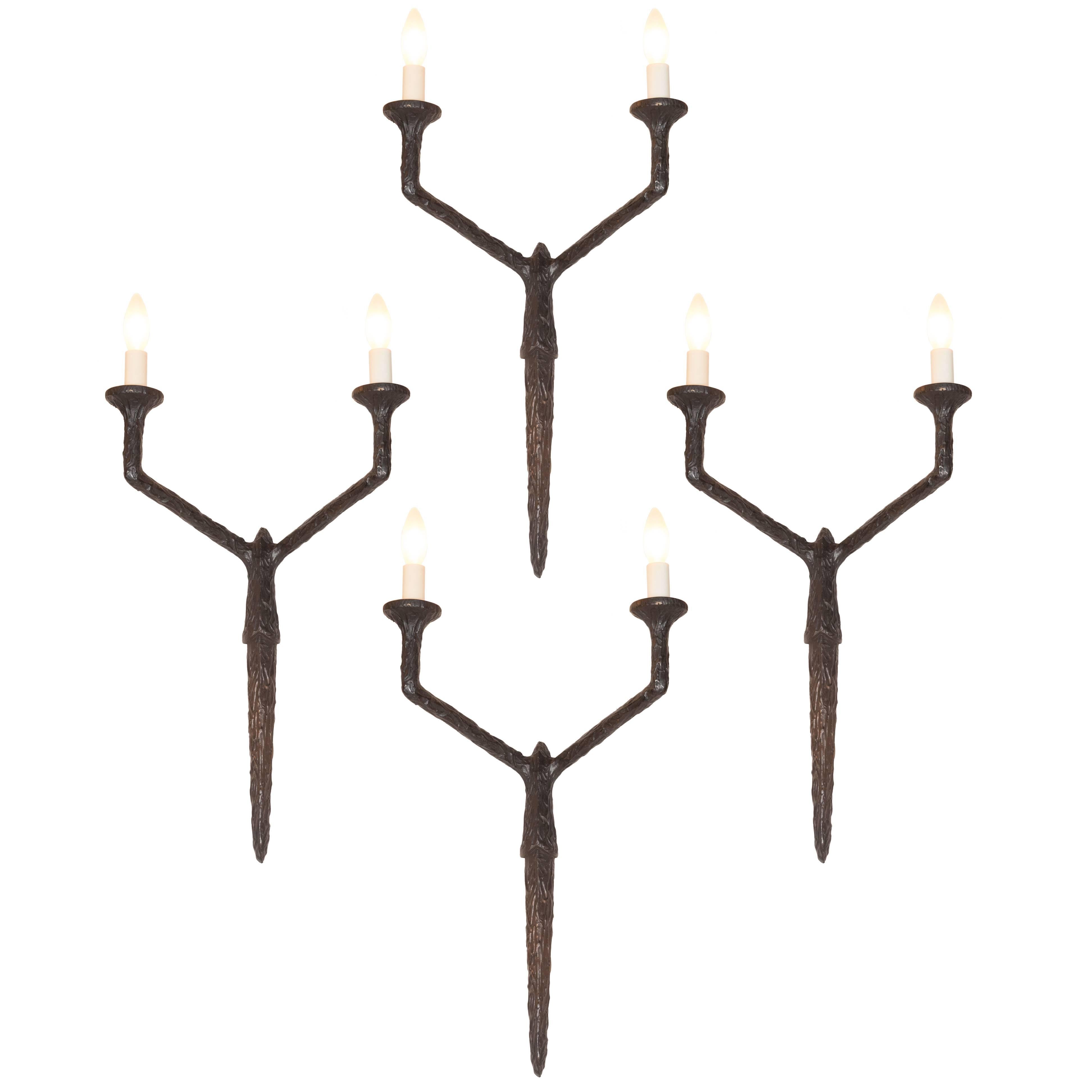 Set of Four Sculptural and Patinated Bronze Sconces, Manner of Diego Giacometti