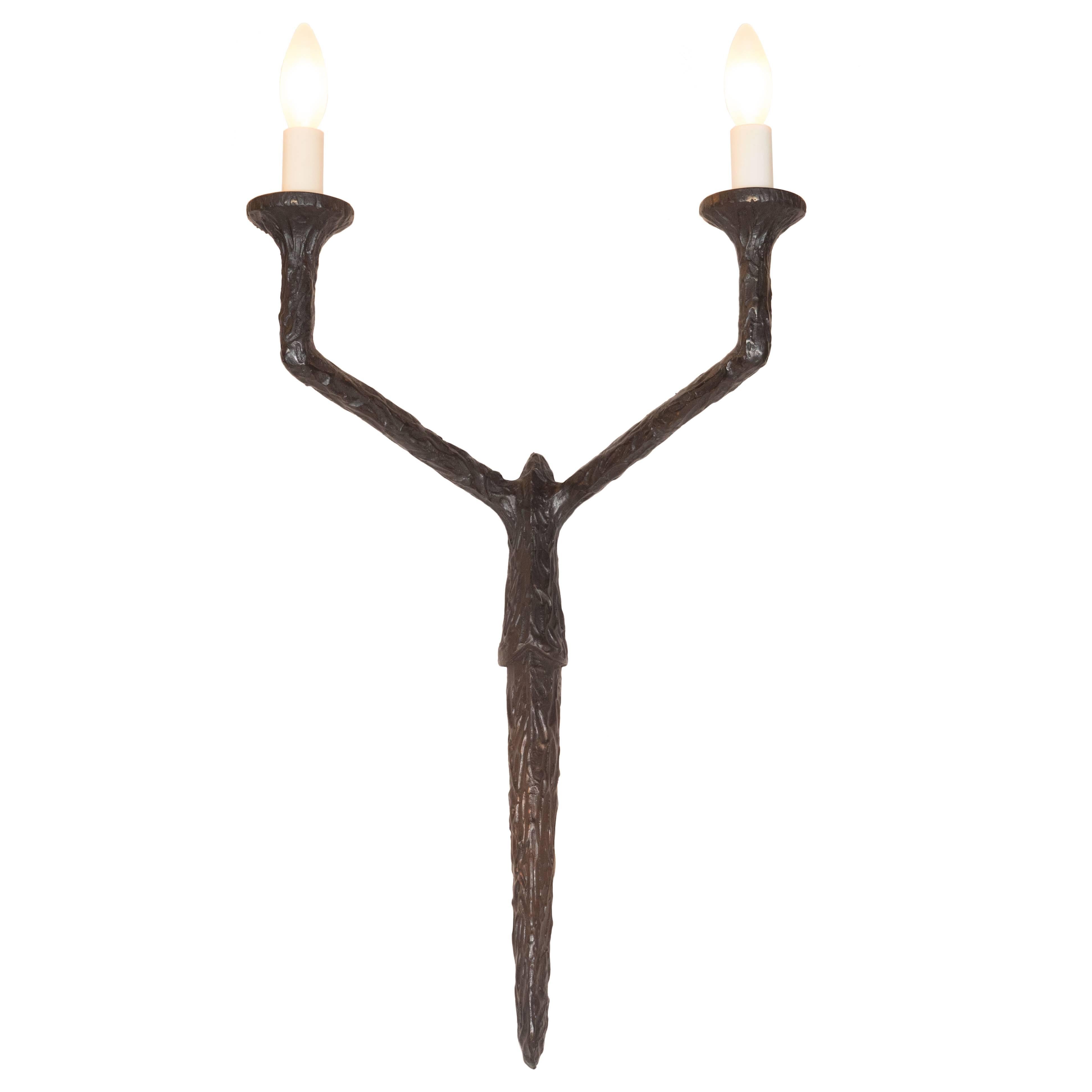 American Set of Four Sculptural and Patinated Bronze Sconces, Manner of Diego Giacometti