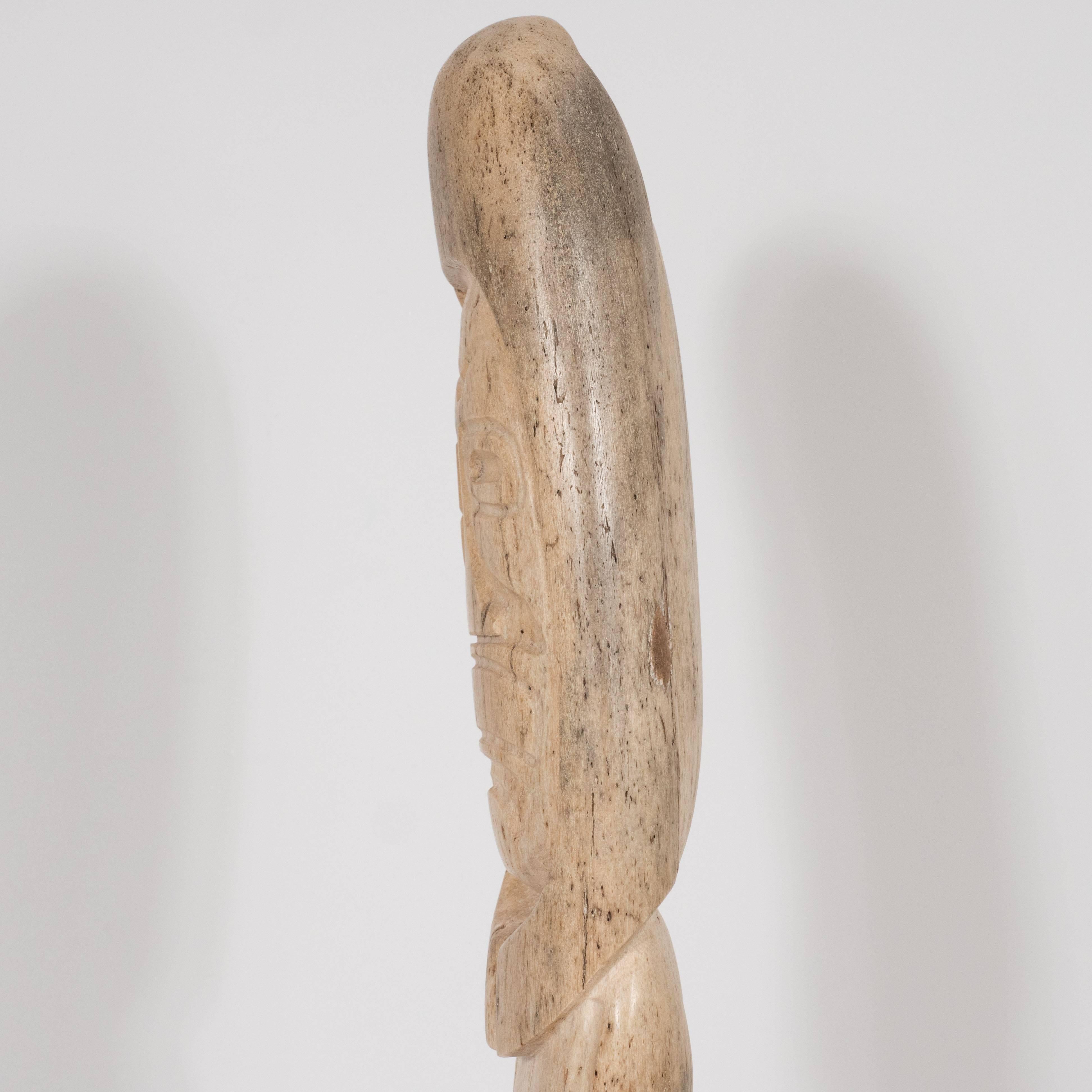 Stone Midcentury Carved Inuit TOTEM in Birch with Circular Mother-of-Pearl Inlay For Sale