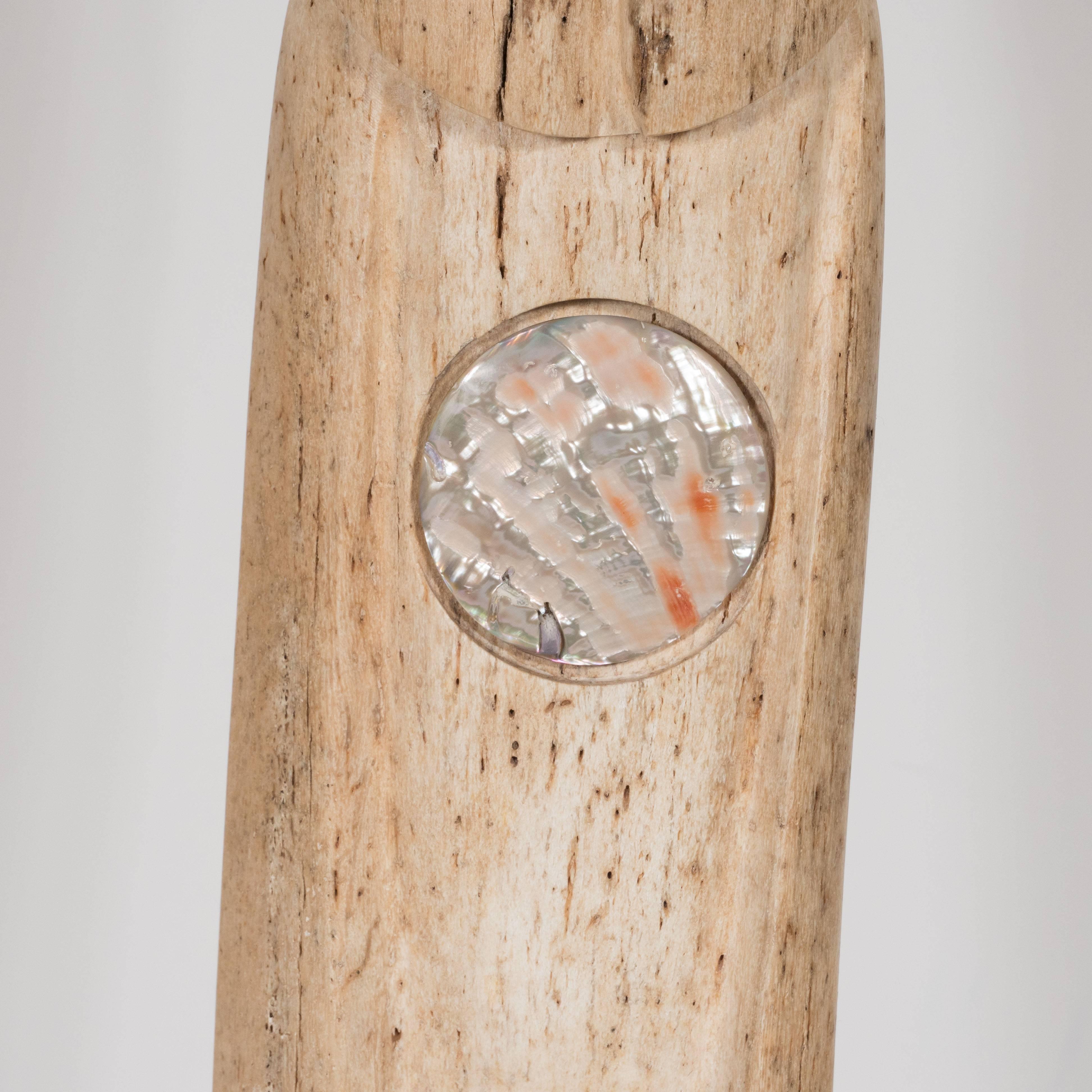 Midcentury Carved Inuit TOTEM in Birch with Circular Mother-of-Pearl Inlay In Excellent Condition For Sale In New York, NY